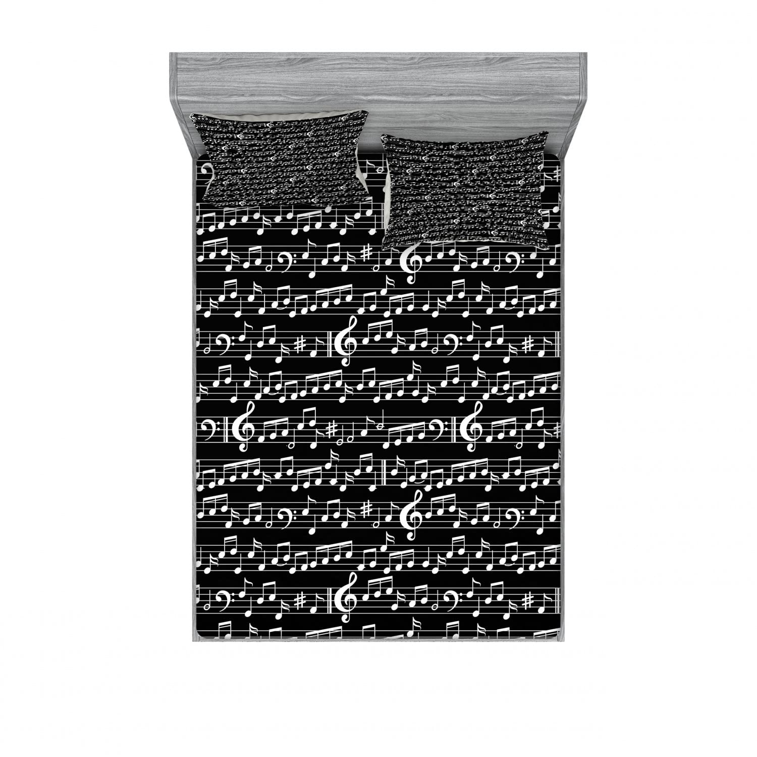 Ambesonne 2-Piece King Size Fitted Sheet Set with 4 Pillow Shams - Black & White Musical Note Print Bedding Collection | Elegant Bedroom Decor for Music Lovers & Modern Home Styling