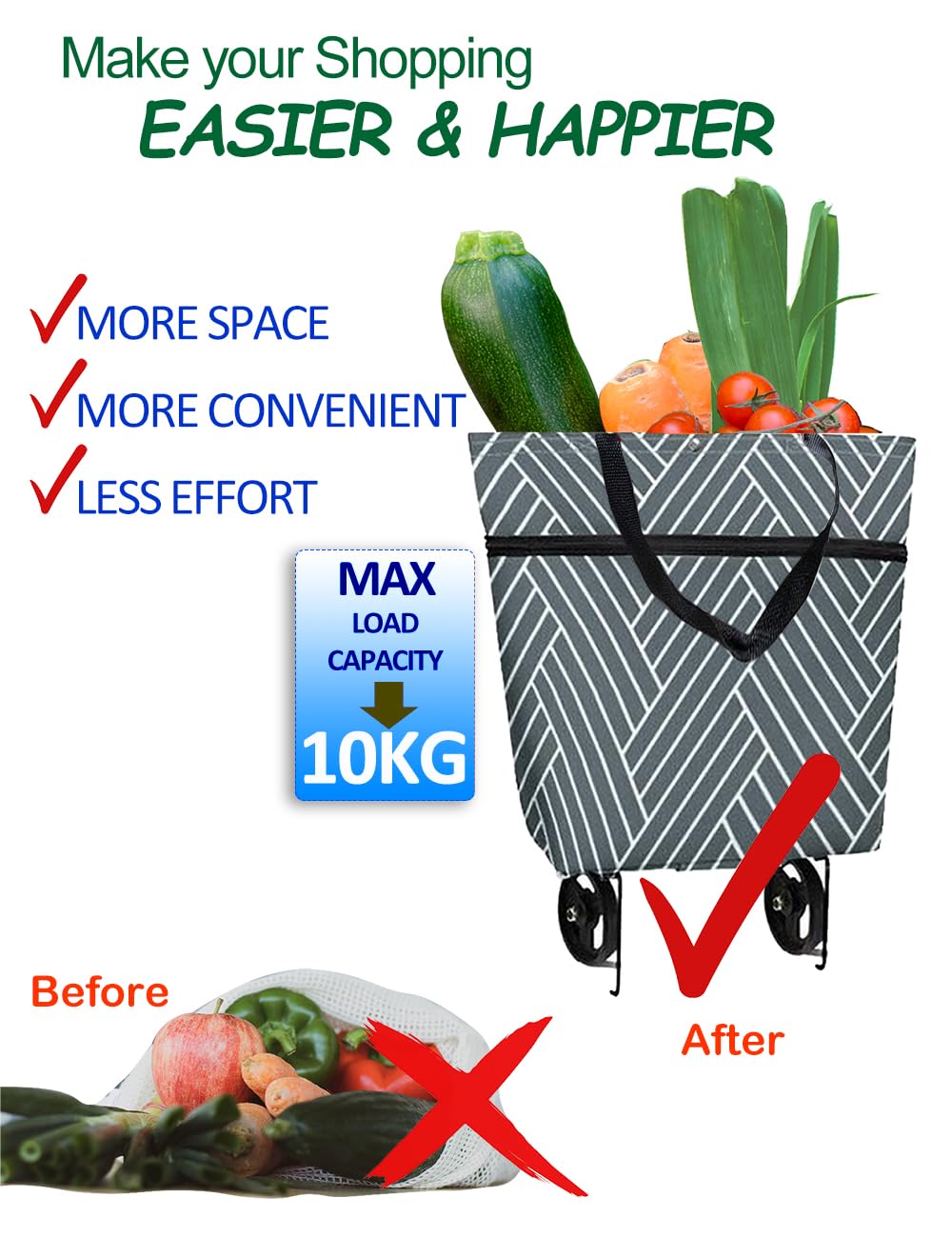 Foldable Grocery Cart with Wheels - Grey Stripe for Shopping & Market Use