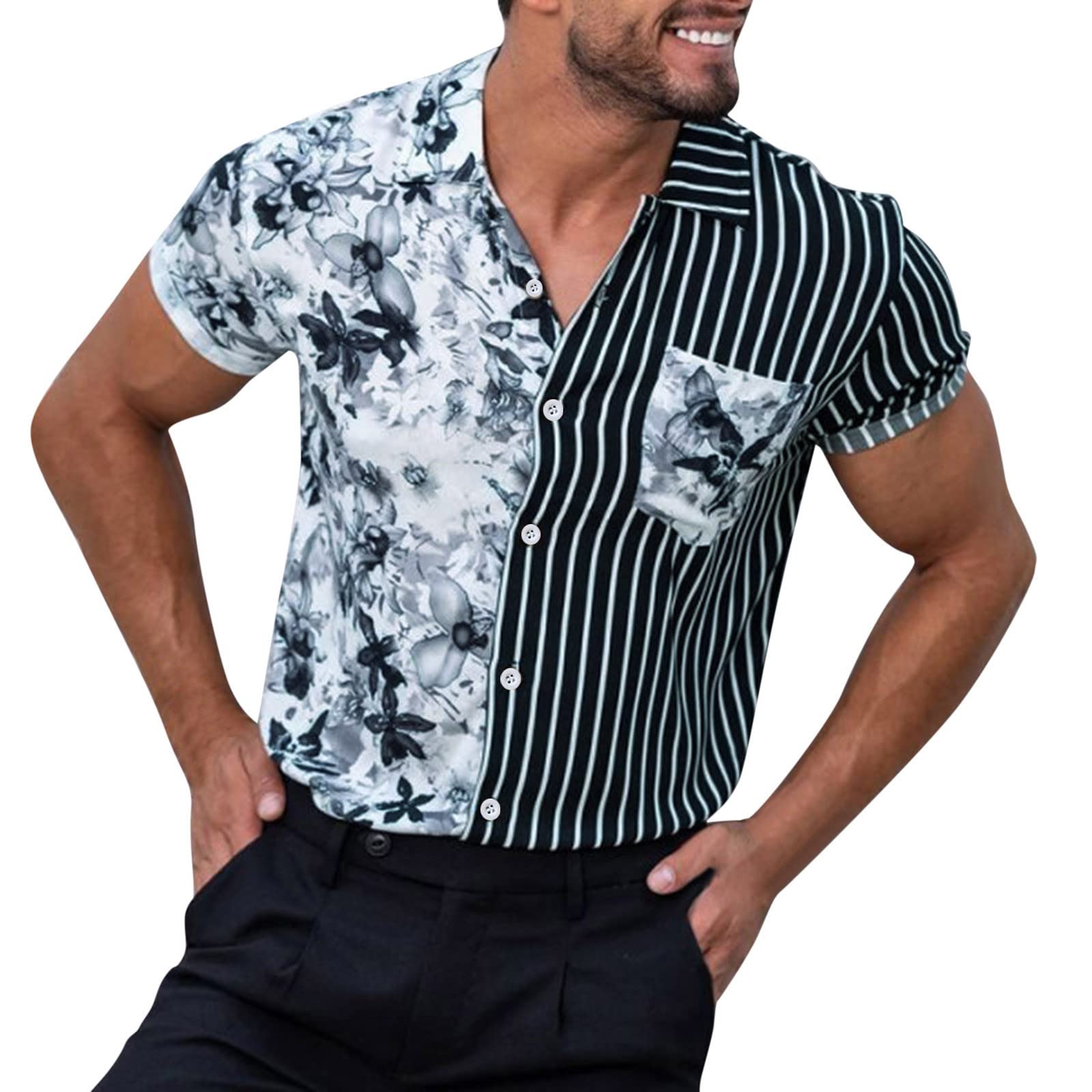 Men's Casual Short Sleeve Button-Up Shirt - Loose Fit Beach Floral & Stripe Print Summer Top for Outdoor Activities, Vacations, and Streetwear Fashion