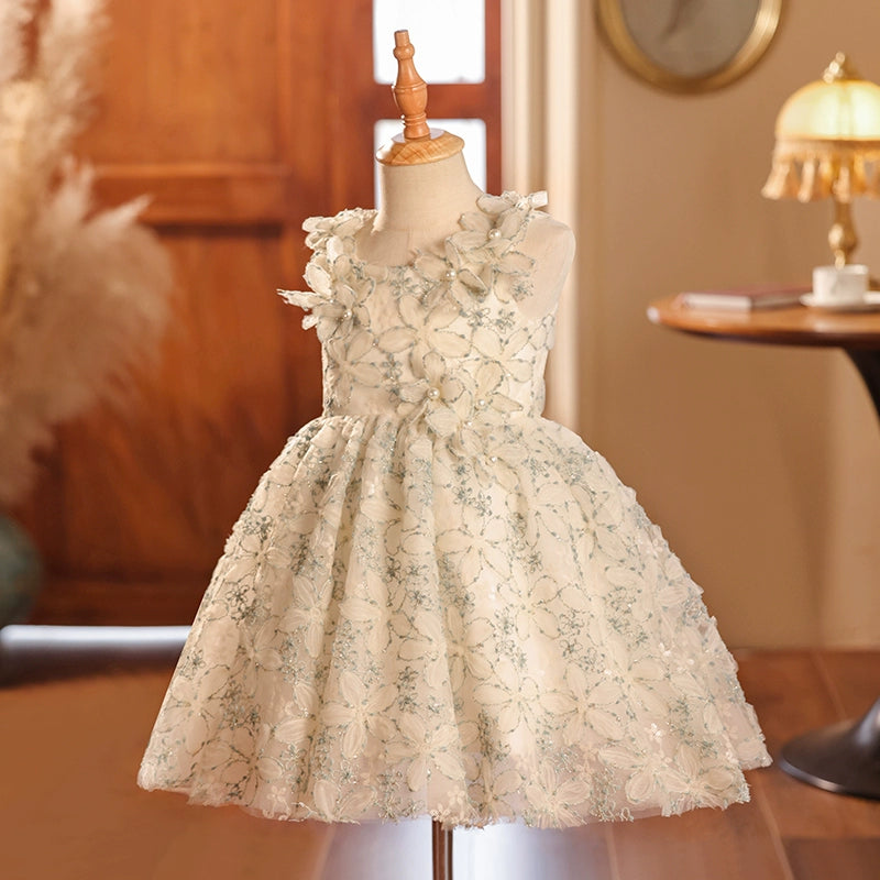 Elegant Baby Sleeveless Floral Puff Princess Dress with Sequin Details for Toddler Girls - Perfect for Birthday Parties, Photo Shoots & Special Occasions
