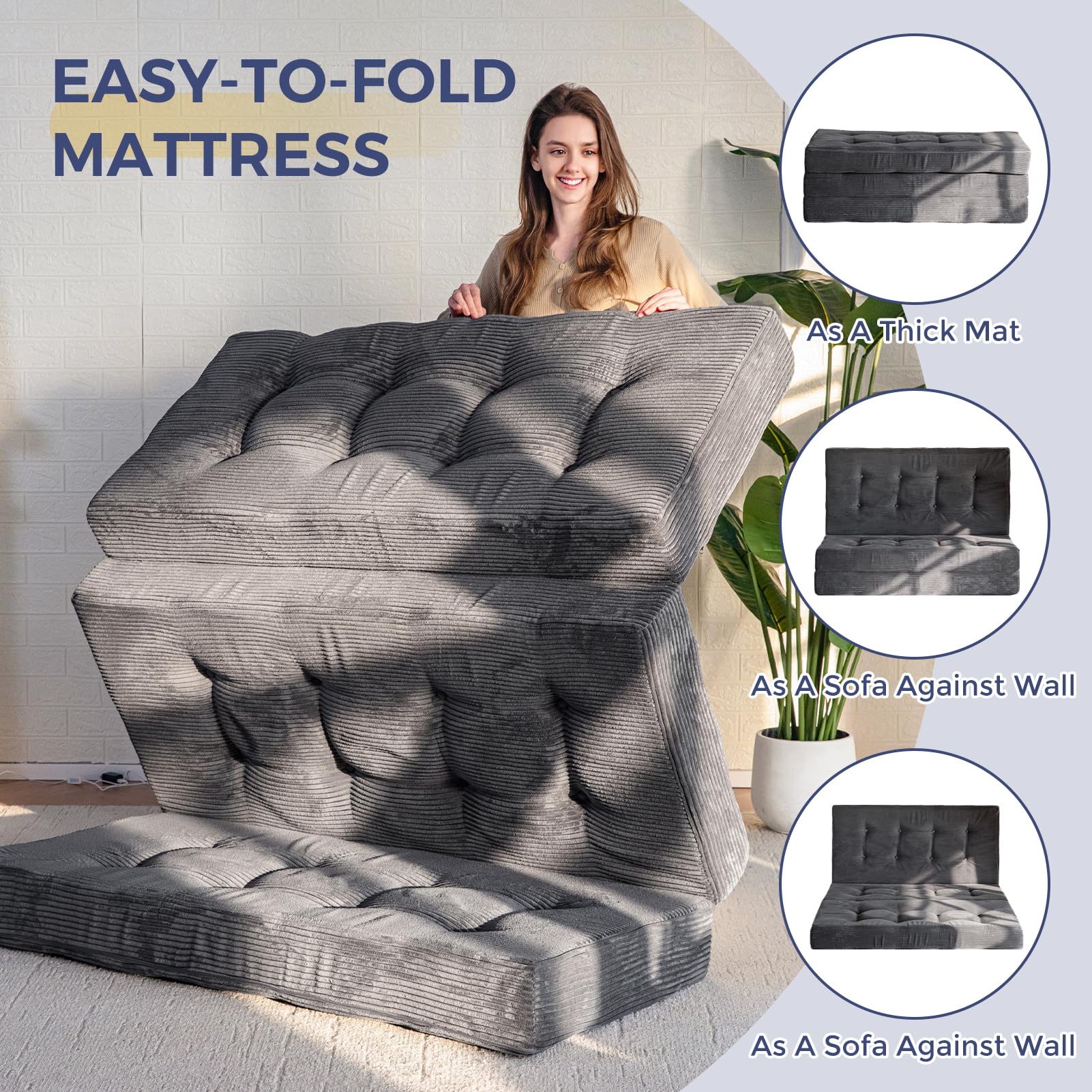 MAXYOYO 6 Inch Tri Fold Mattress - Tufted Full Foam Folding Bed with Durable Corded Fabric in Dark Grey | Perfect for Guest Beds, Camping & Small Spaces