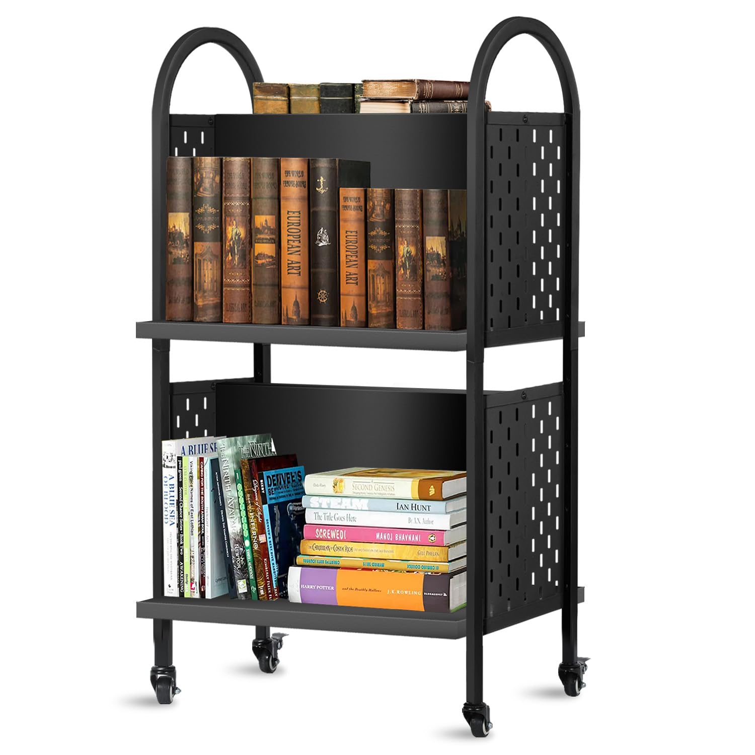 Rolling Library Book Cart - Mobile Book Organizer with Locking Wheels, 34