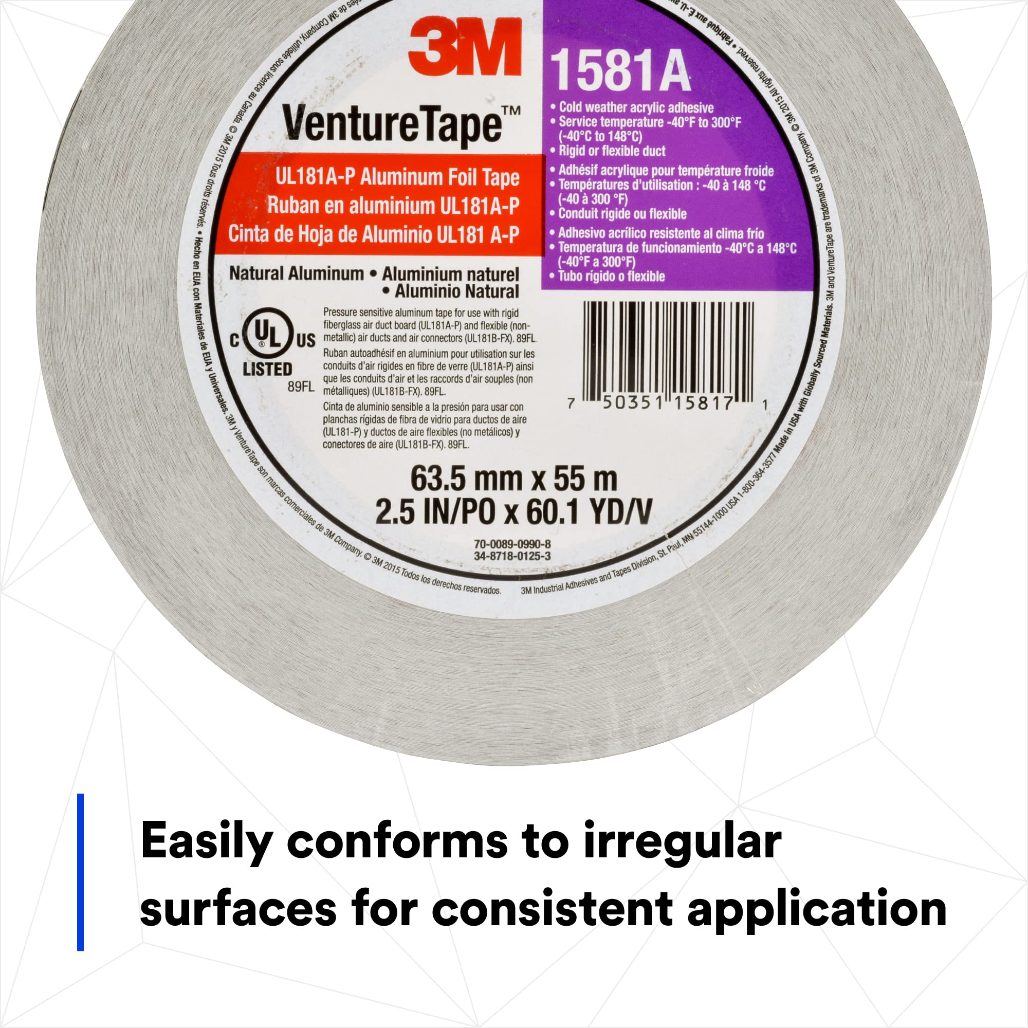 3M Venture Tape UL181A-P Aluminum Foil Tape 1581A - 2.5 in x 60 yd HVAC Duct Sealing Tape for Rigid & Flexible Ducts | Cold Weather Adhesive, Durable 2 Mil Foil Tape | Perfect for HVAC Systems, Air Duct Repairs & Insulation Projects