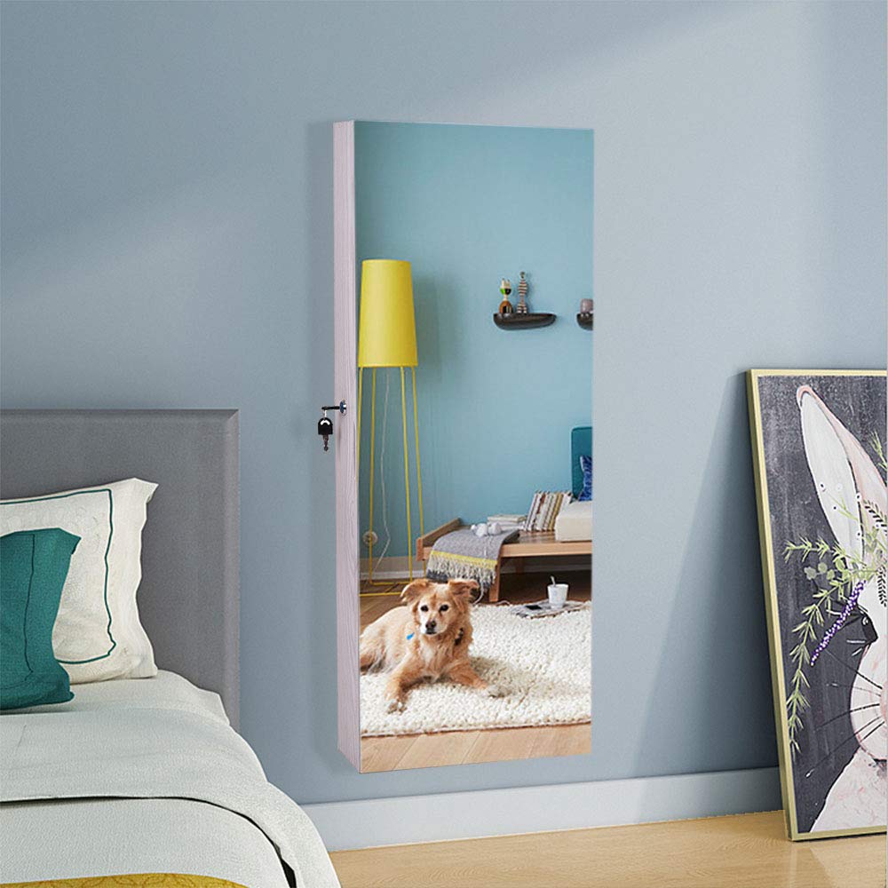 PVC Film Wall Mount Jewelry Cabinet with Full-Length Mirror, Lock & Hanging Door - Perfect for Bedroom Closet, Walk-In Wardrobe & Dressing Room Organization