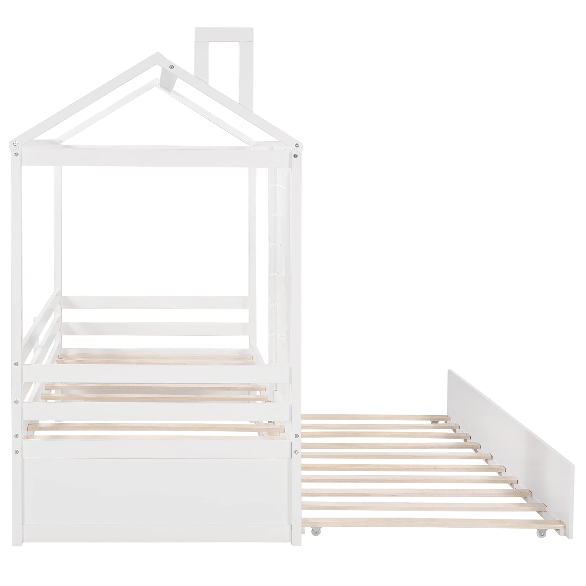 Merax Twin Size Wooden House Bed with Window & Trundle - No Box Spring Needed - Perfect for Teens, Kids Bedroom Decor (White) | Ideal for Small Spaces, Guest Rooms & Playroom Furniture