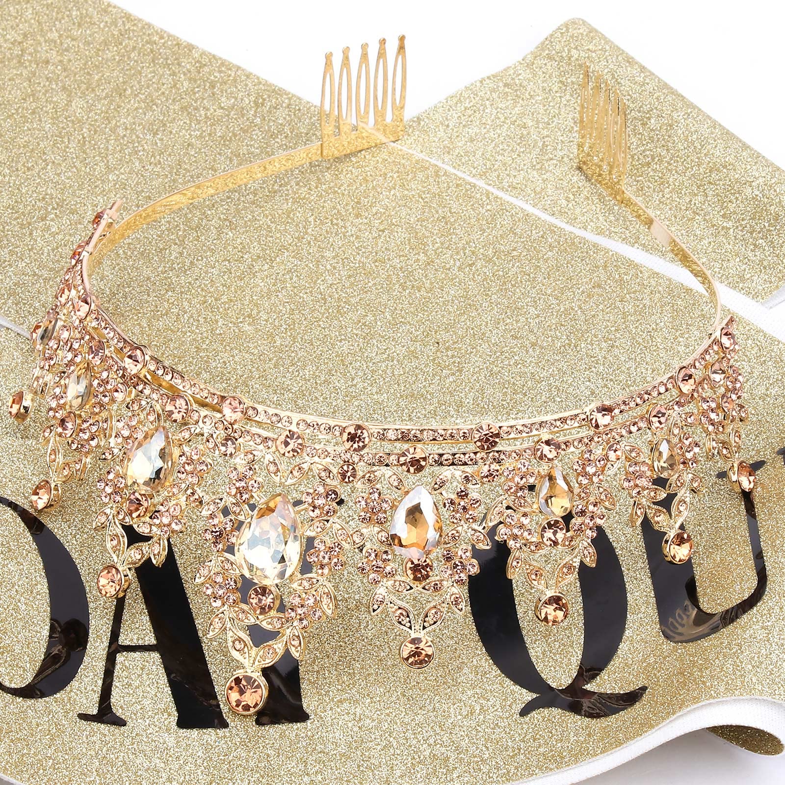 Gold Birthday Crown and Sash Set for Women - Rhinestone Tiara & Queen Sash - Elegant Birthday Party Decorations - Perfect for Birthday Celebrations, Bachelorette Parties & Special Events