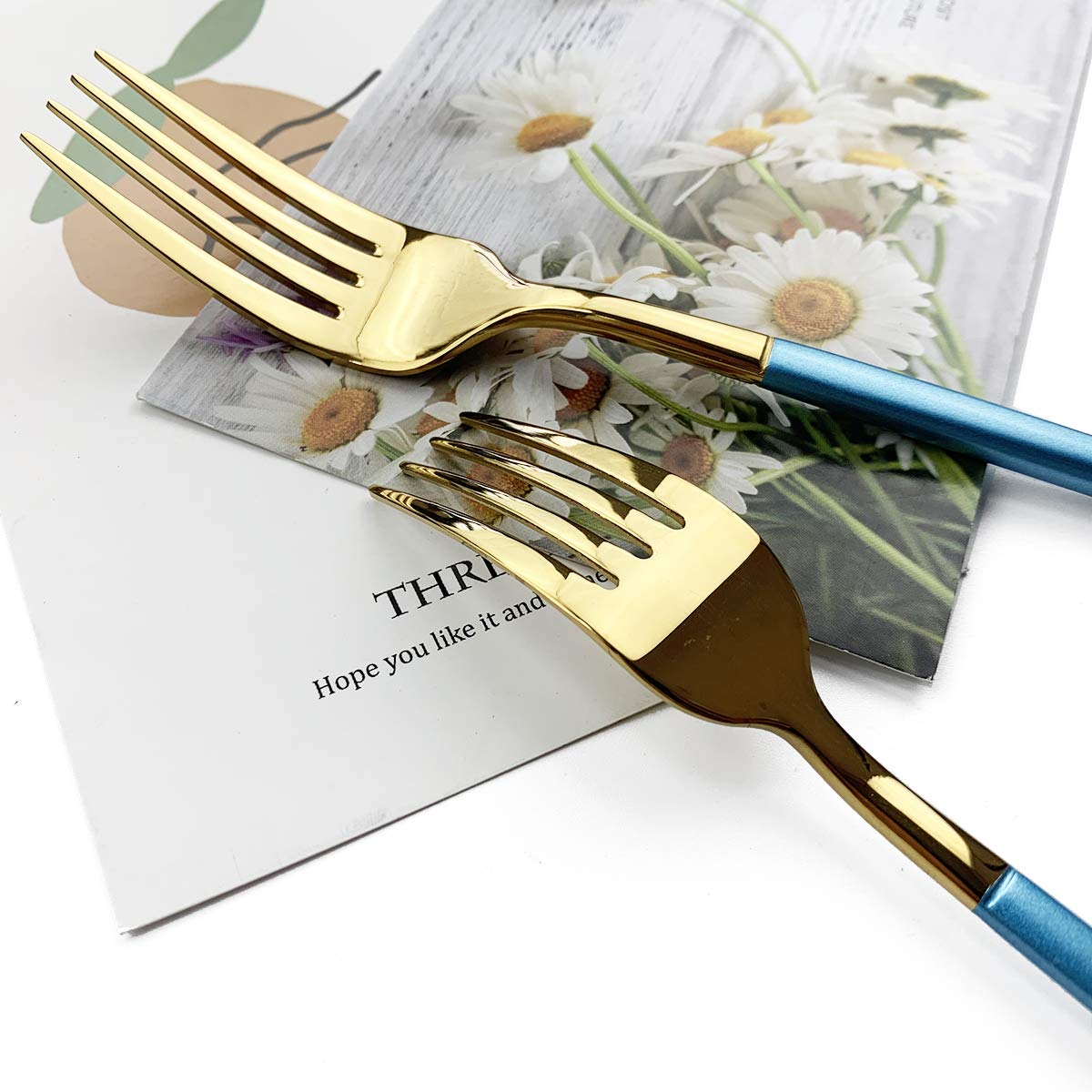 JASHII 5-Piece Modern Silverware Set - 18/10 Stainless Steel Elegant Flatware with Square Edge - Mirror Polished & Dishwasher Safe (Blue Gold) - Perfect for Fine Dining, Wedding Gifts & Everyday Kitchen Use