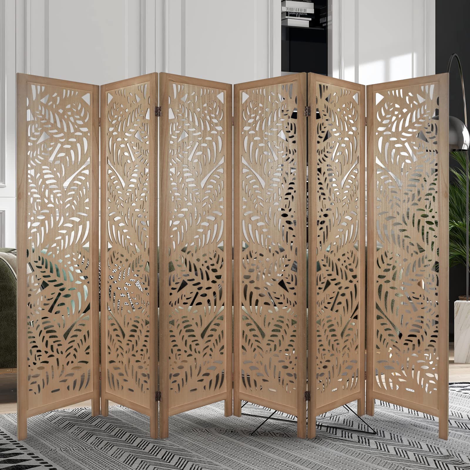 6 Panel Wooden Room Divider with Leaf Pattern - Hand Carved Folding Privacy Screen, Freestanding Partition for Home Decor, Bedroom, Office & Studio - Natural Home Decoration & Space Separator