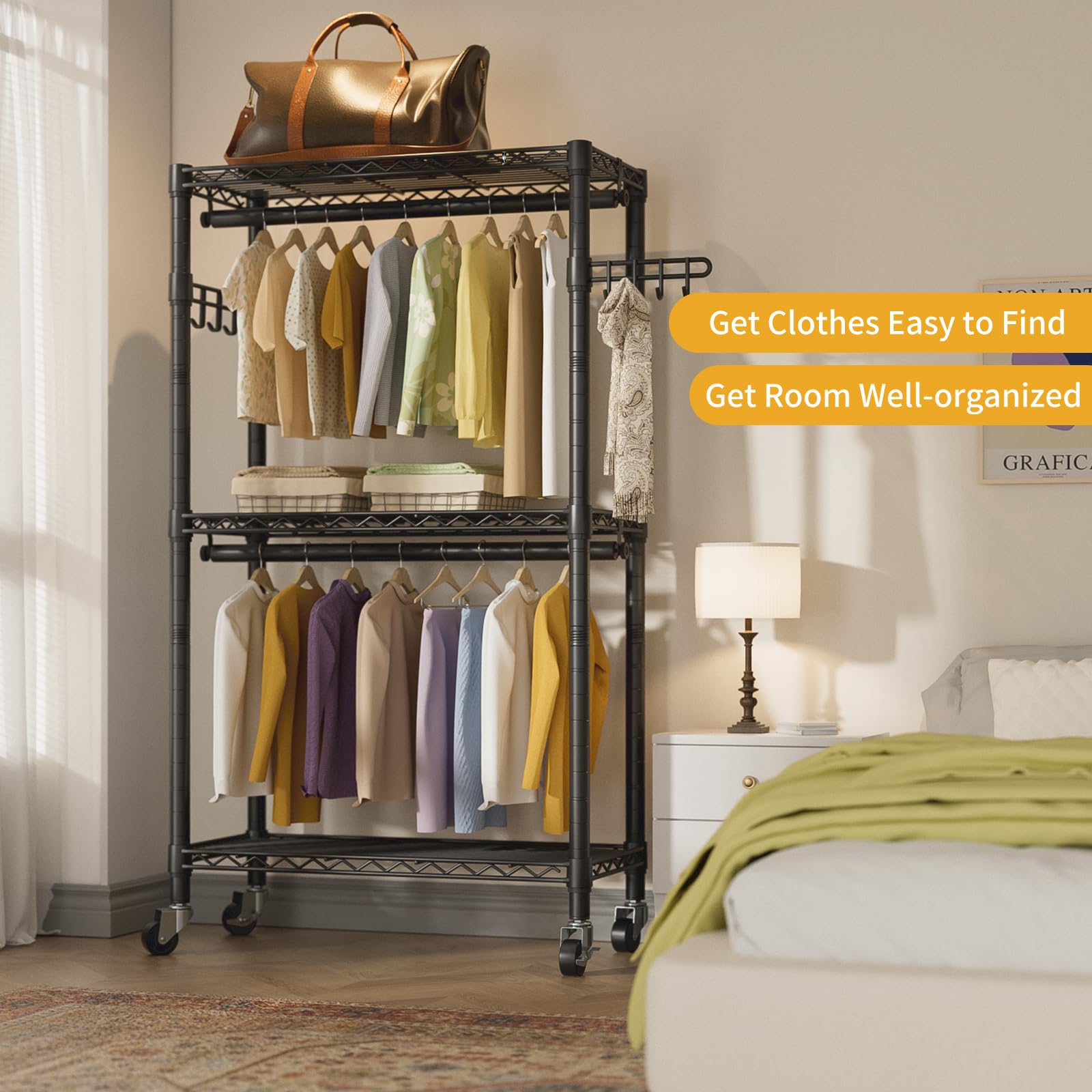 Heavy Duty Rolling Garment Rack with 3-Tier Adjustable Wire Shelves - Double Rods & Side Hooks for Hanging Clothes | Freestanding Wardrobe Storage | Portable Metal Closet Organizer for Bedroom, Laundry Room, or Retail Store