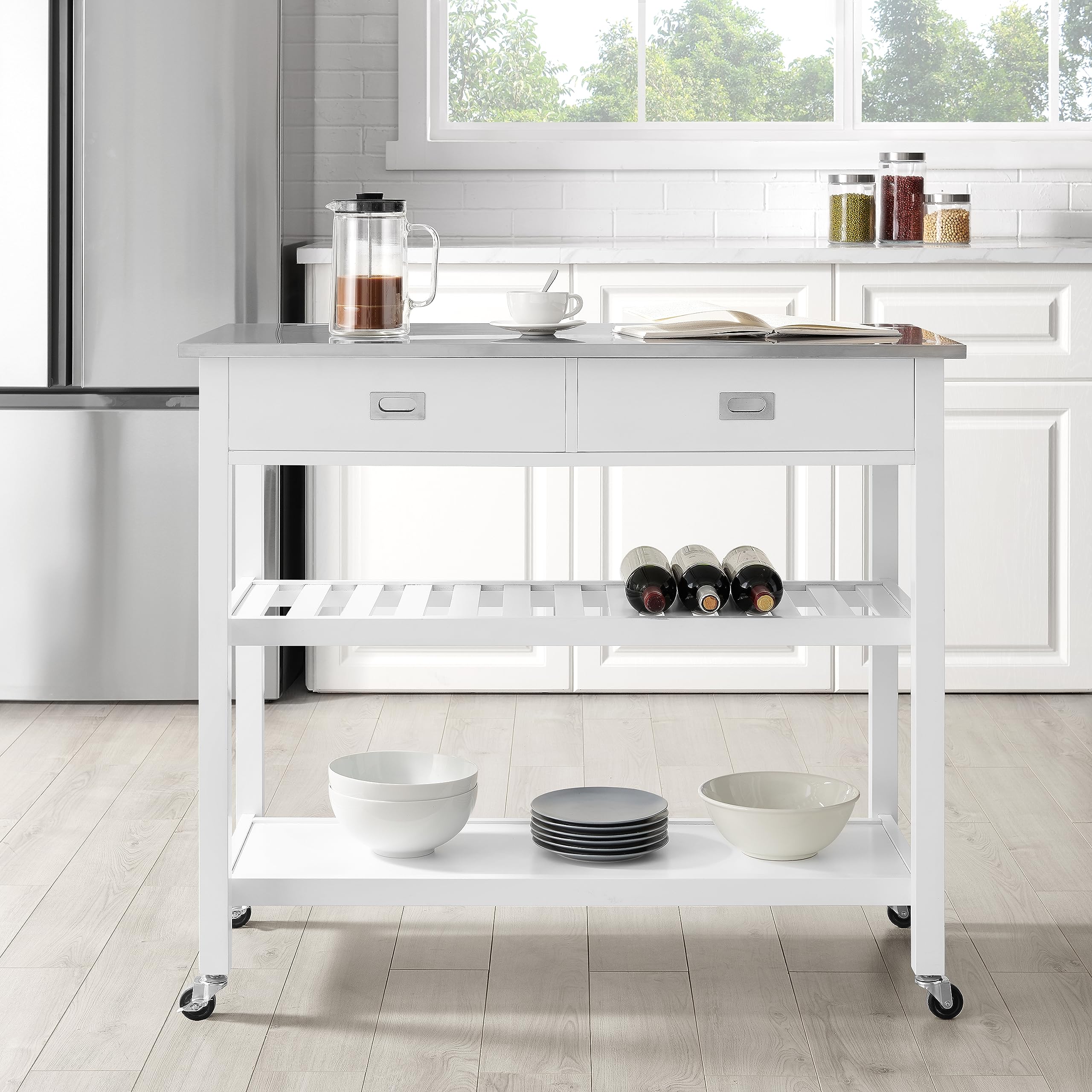 Crosley Chloe Stainless Steel Top Rolling Kitchen Island Cart with Storage - White | Microwave Stand, Wine Rack & Mobile Workstation for Small Kitchens, Apartments & Dining Areas