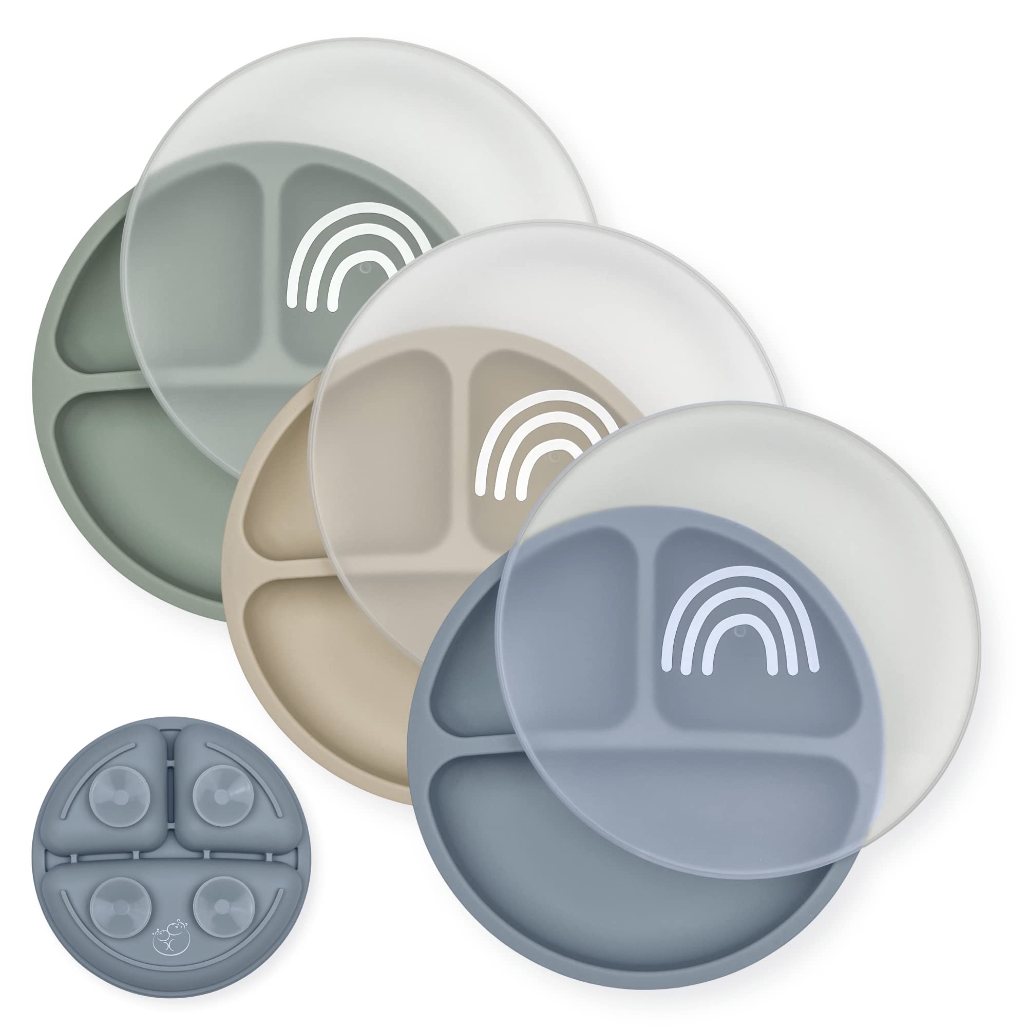 Hippypotamus Toddler Plates with Suction - 100% Food-Grade Silicone Baby Plates with Lids - Microwave & Dishwasher Safe - BPA Free - Set of 3 (Fog/Nude/Sage) - Perfect for Home, Daycare & Travel Feeding