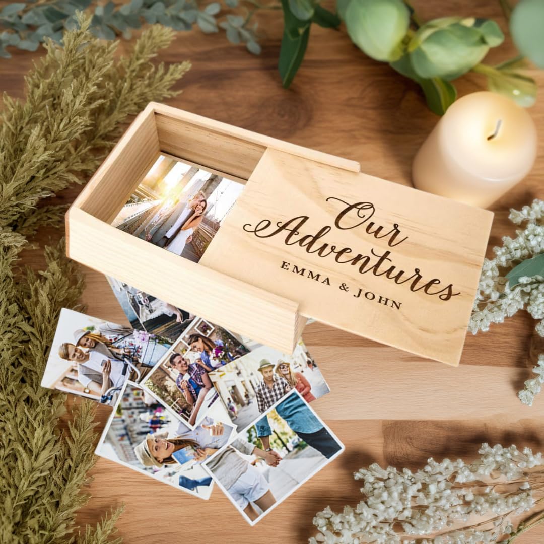 Custom Engraved Wooden Wedding Keepsake Box - Personalized Cursive 'Our Adventures' Memory Box with Lid (4x6 Inches) - Perfect Anniversary Gift for Couples, Photo Album Storage & Romantic Keepsake Holder