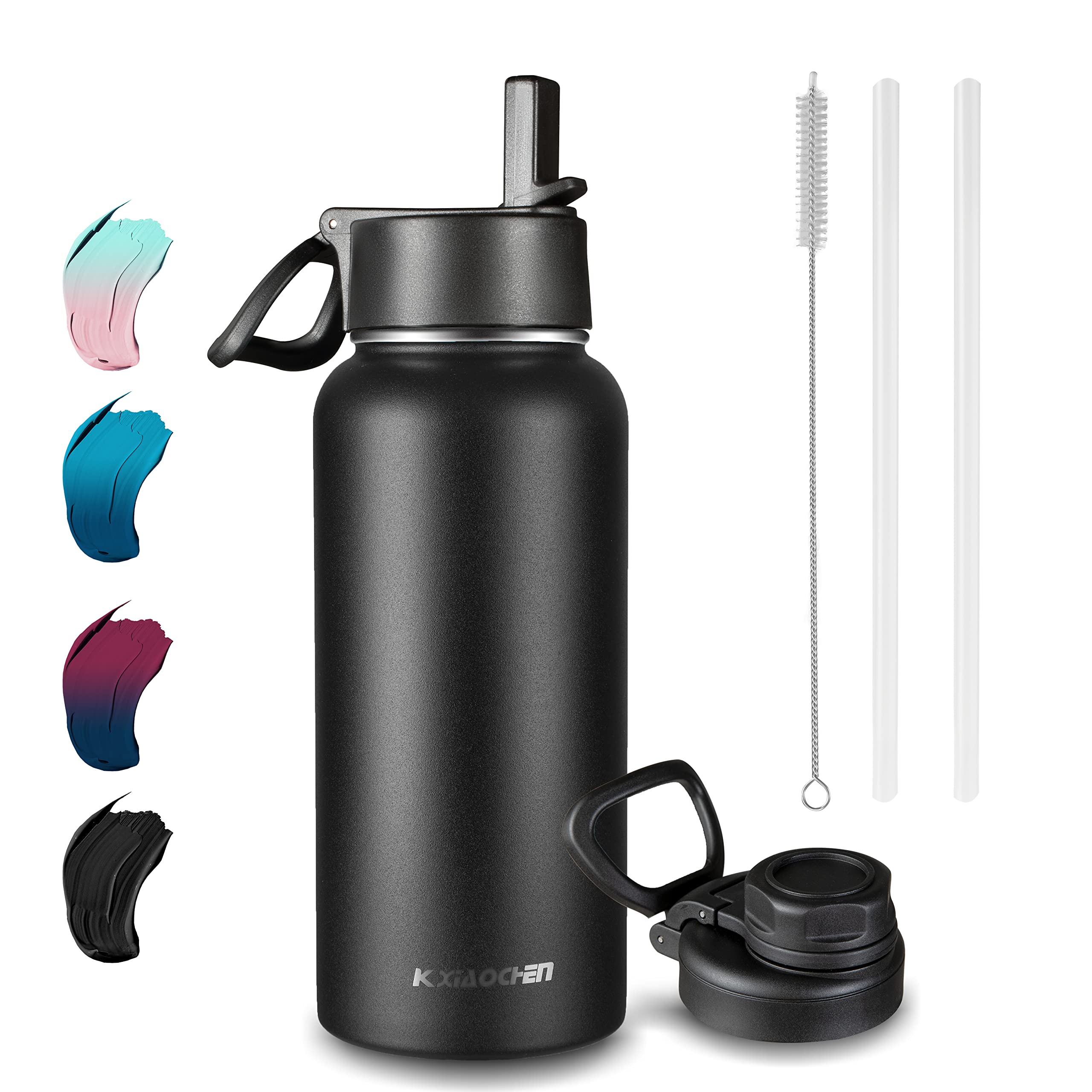 32 oz Stainless Steel Insulated Water Bottle with 2 Lids (Straw & Spout) - Double Walled Thermo Mug for Hot & Cold Drinks - Wide Mouth Metal Canteen for Gym, Hiking, Camping & Office (Black)