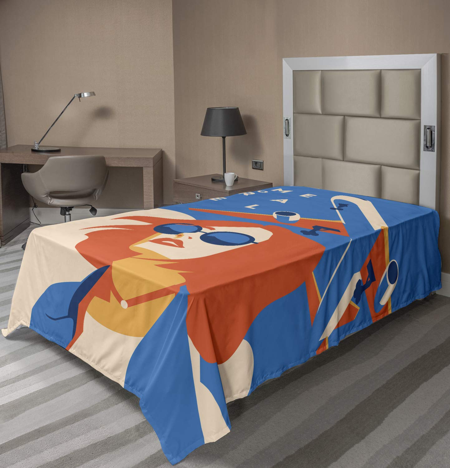 Ambesonne Travel Themed Flat Sheet - 'Time to Explore' Airport Vacation Design, Soft & Comfortable Twin XL Top Sheet for Bedding - Blue Scarlet Ivory - Perfect for Travel Enthusiasts & Summer Getaways