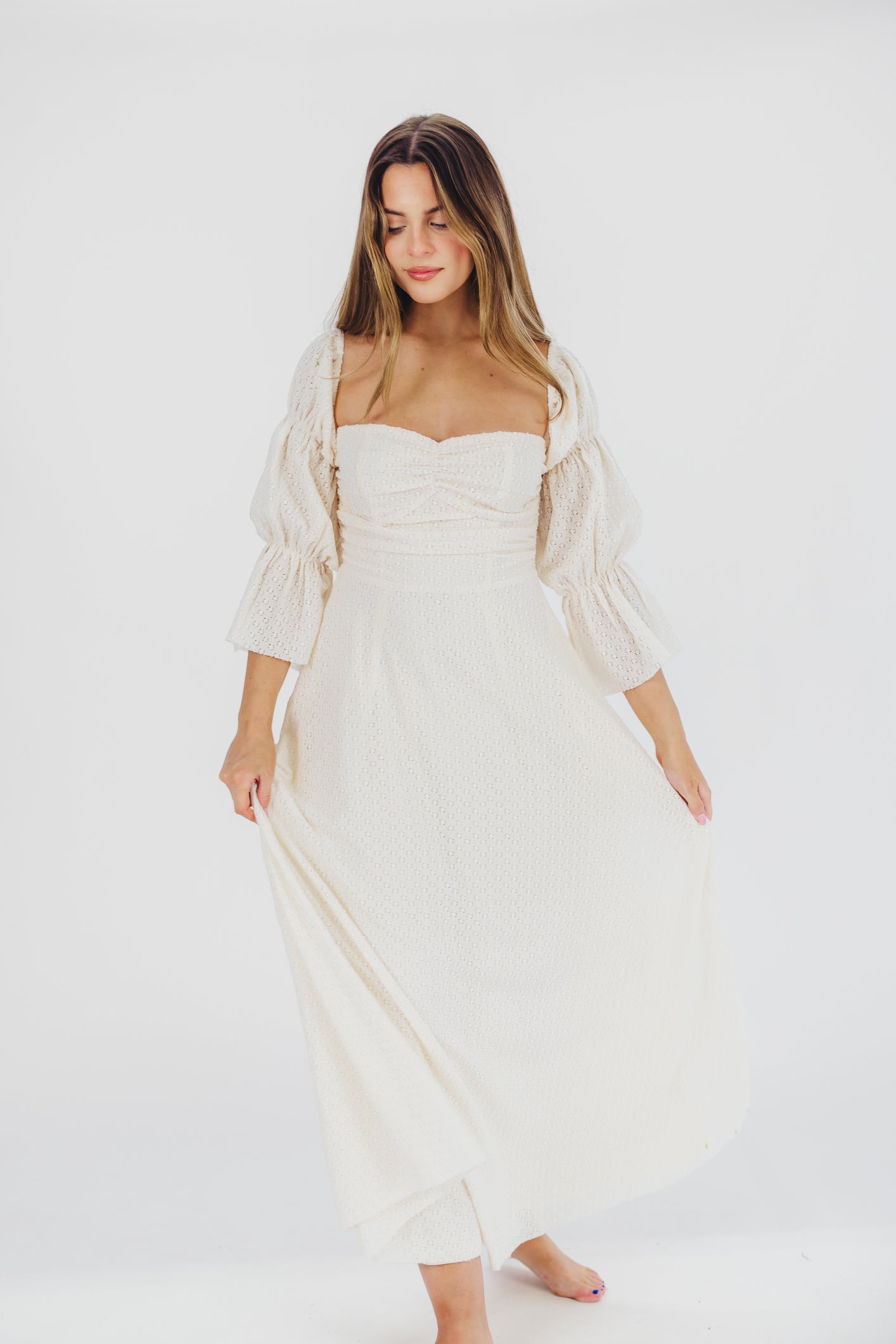 Corrine Tiered Sleeve Maxi Dress with Pockets in Ivory Cream - Bump Friendly Maternity Dress for Pregnancy, Nursing & Postpartum - Perfect for Baby Showers, Beach Vacations & Summer Weddings