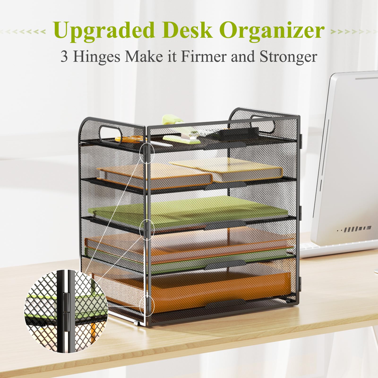 VIEERINN 5 Tier Mesh Metal Paper Letter Tray Organizer with Handles - Desktop File Document Sorter Holder for Office, School & Home - Perfect for Organizing Mail, Bills, Folders and Office Supplies