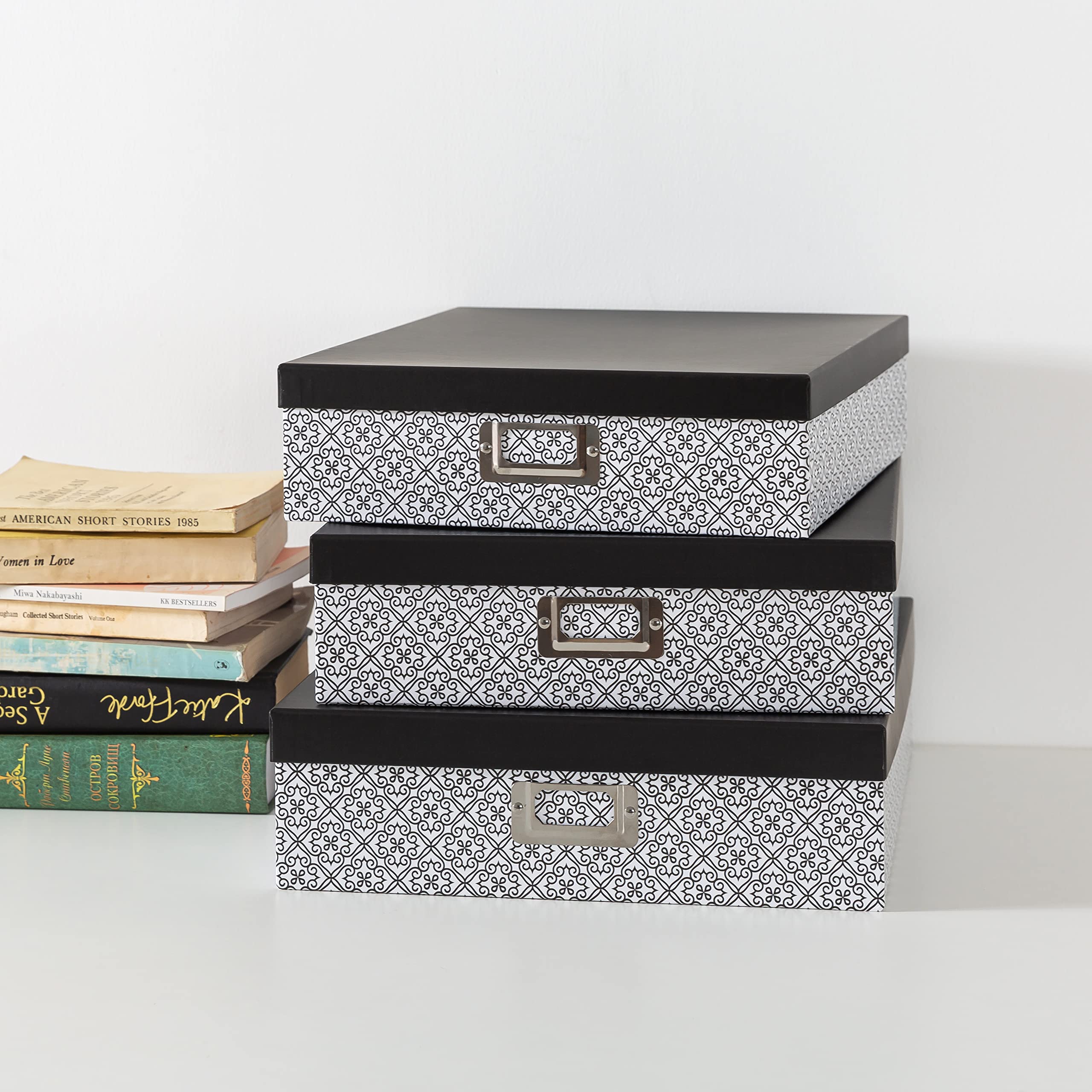 SLPR Black and White Decorative Cardboard Boxes with Lids - Set of 3 Nesting Paperboard Storage Boxes for Scrapbooking, Keepsakes, Photos, Letters & Documents | Perfect for Home Organization, Memory Keeping & Gift Wrapping
