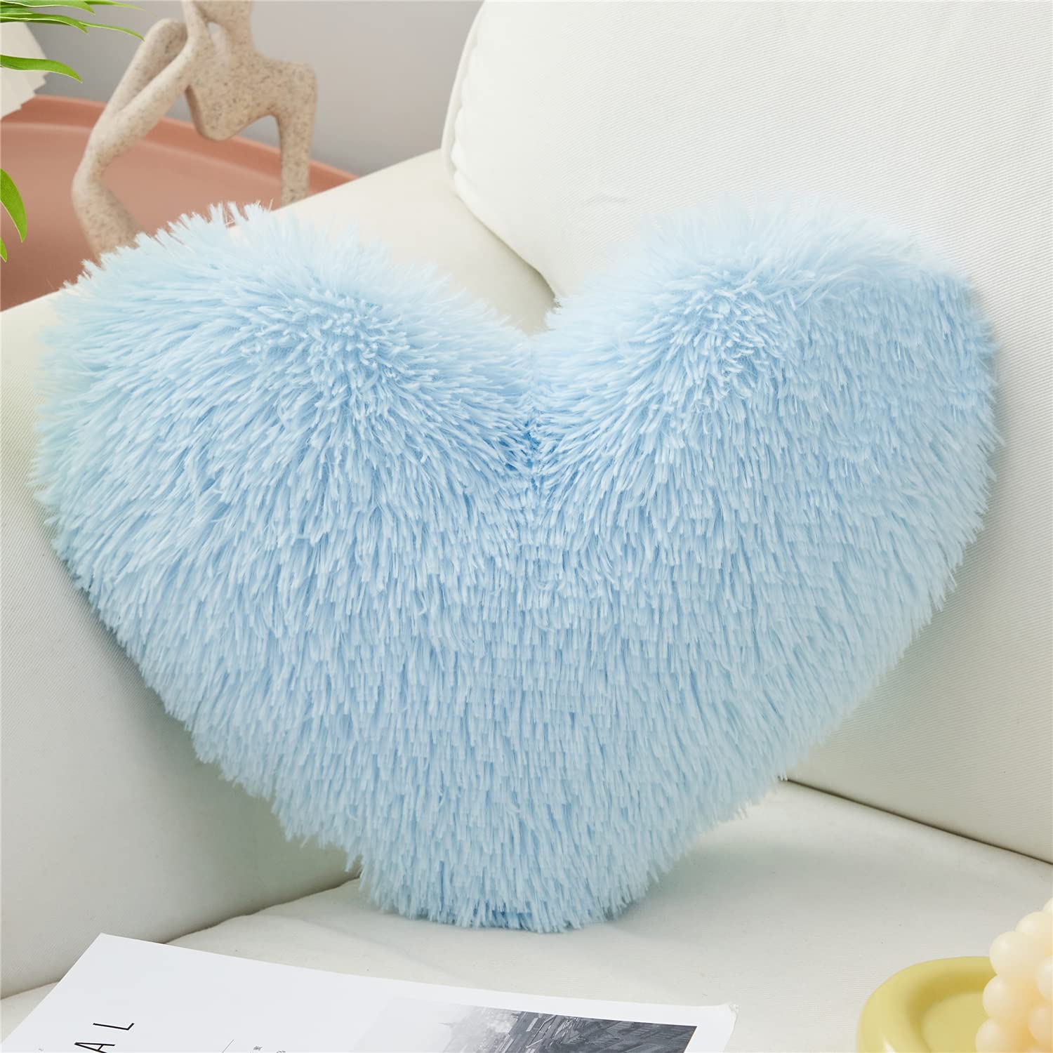 MOOWOO Fluffy Heart Pillow - Soft Plush Throw Pillow for Mother's Day Gifts, Solid Blue Decorative Couch & Sofa Pillow with Zipper Closure - Perfect for Home Decor, Bedroom Accent & Cozy Living Room Comfort