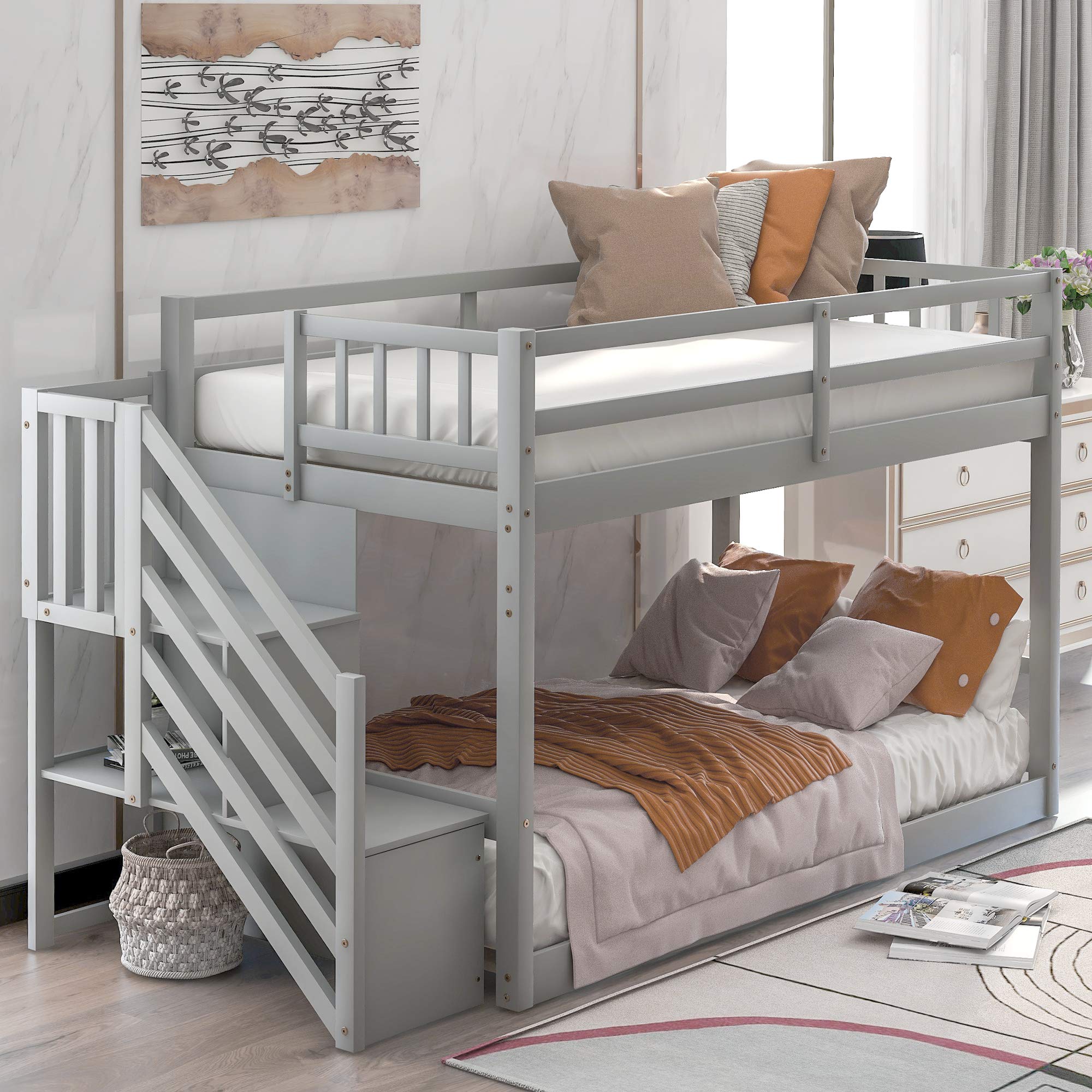 Twin Over Twin Bunk Bed for Kids & Teens - Solid Wood Frame with Storage Staircase & Safety Guardrails - Space-Saving Gray Bed for Small Rooms, Shared Kids Bedrooms & Sleepovers
