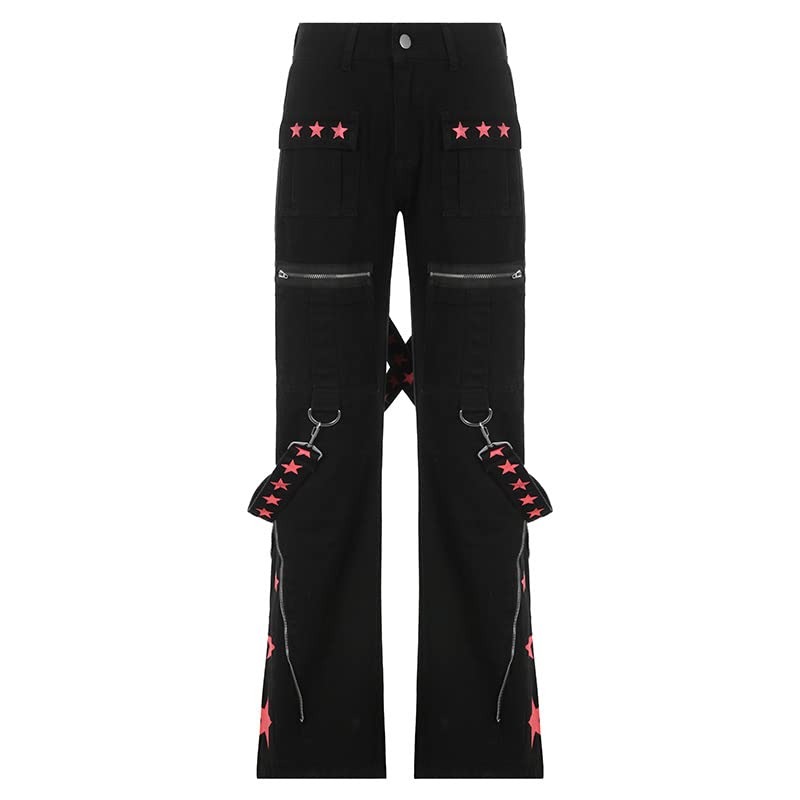 PBKABIUG Women's Gothic Baggy Jeans - Wide Leg Grunge Pants for Y2K & Punk Streetwear | Harajuku Style Tripp Pants for Casual Outfits, Concerts & Alternative Fashion