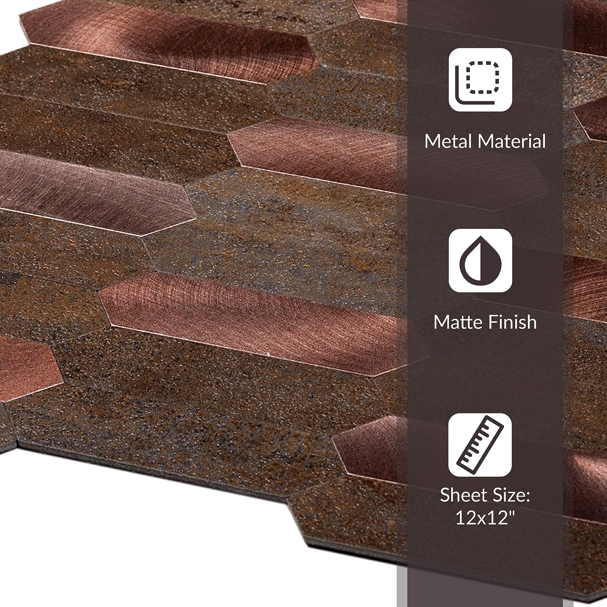 Copper Peel and Stick Backsplash Tile - 12x12 Inch Self-Adhesive Wall Panel for Kitchen, Bathroom, Shower or Fireplace (10-Pack) - Easy DIY Home Renovation & Decoration Upgrade
