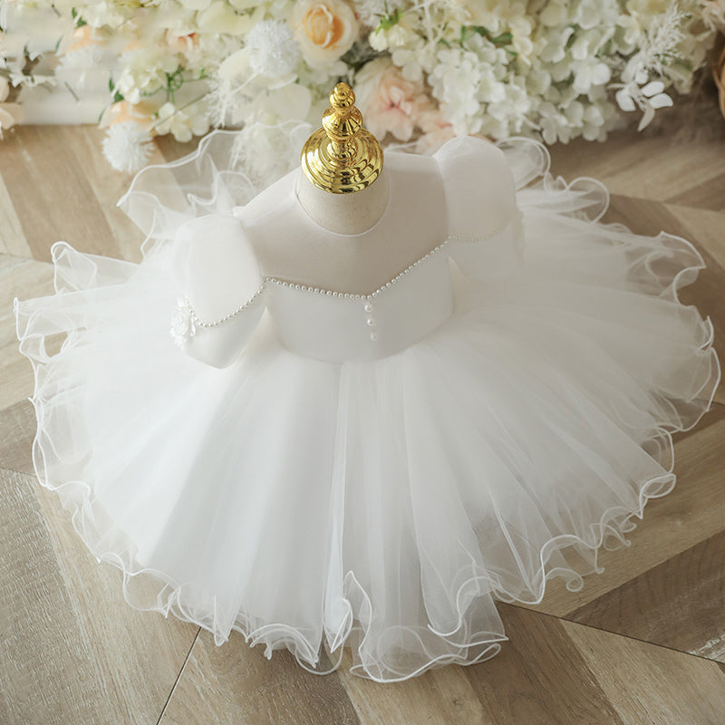 White Organza Flower Girl Dress with Beaded Cascading Ruffles - Perfect for Weddings, Baptisms & Special Occasions