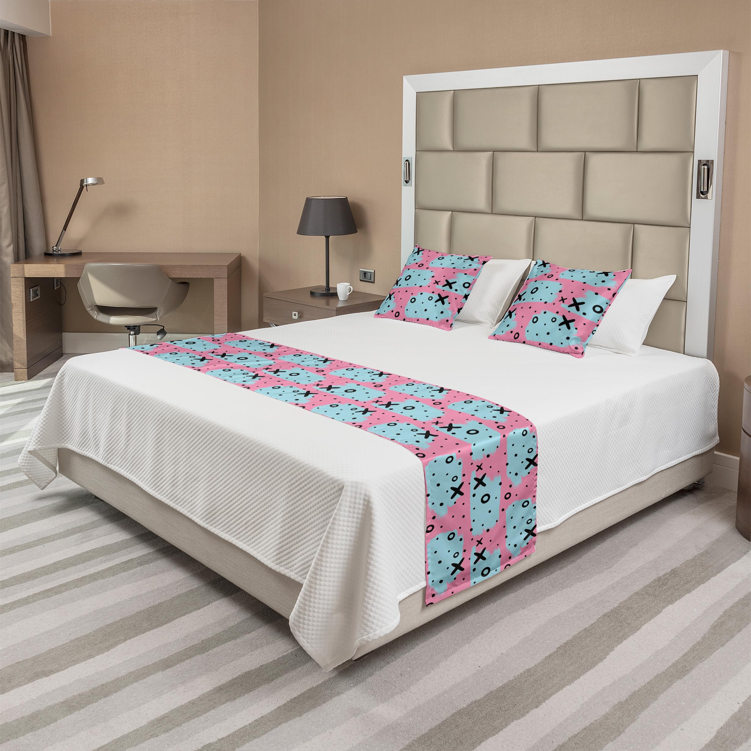 Ambesonne Pink Polka Dots Bed Runner Set with X and O Motifs - Decorative Bedding Scarf & 2 Pillow Shams for Hotels, Homes, Dorms - Pink & Sky Blue Home Decor for Bedroom, Living Room