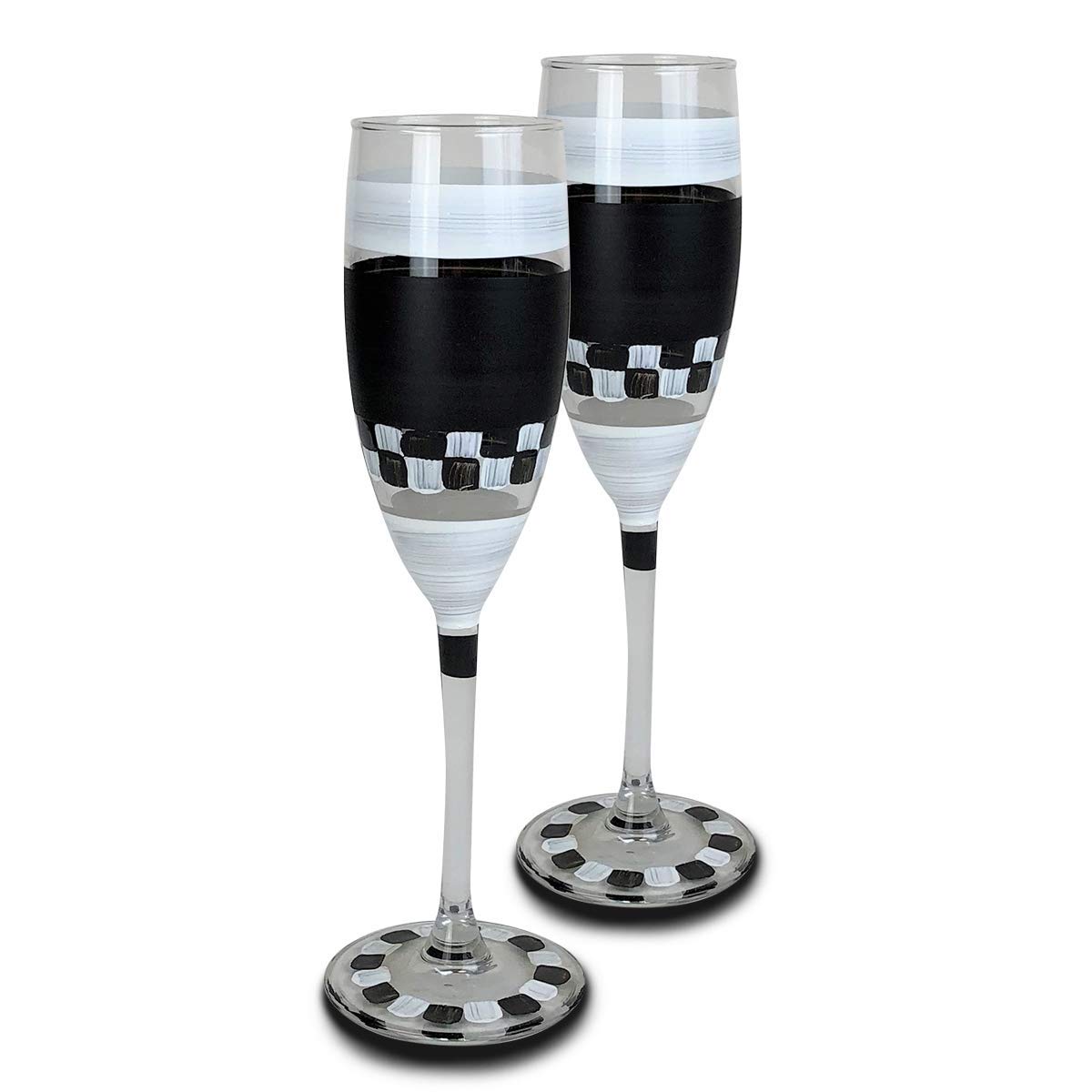 Black and White Checkered Hand-Painted Champagne Glasses Set of 2 - 10.5 oz Elegant Flutes for Weddings, Anniversaries & Romantic Celebrations