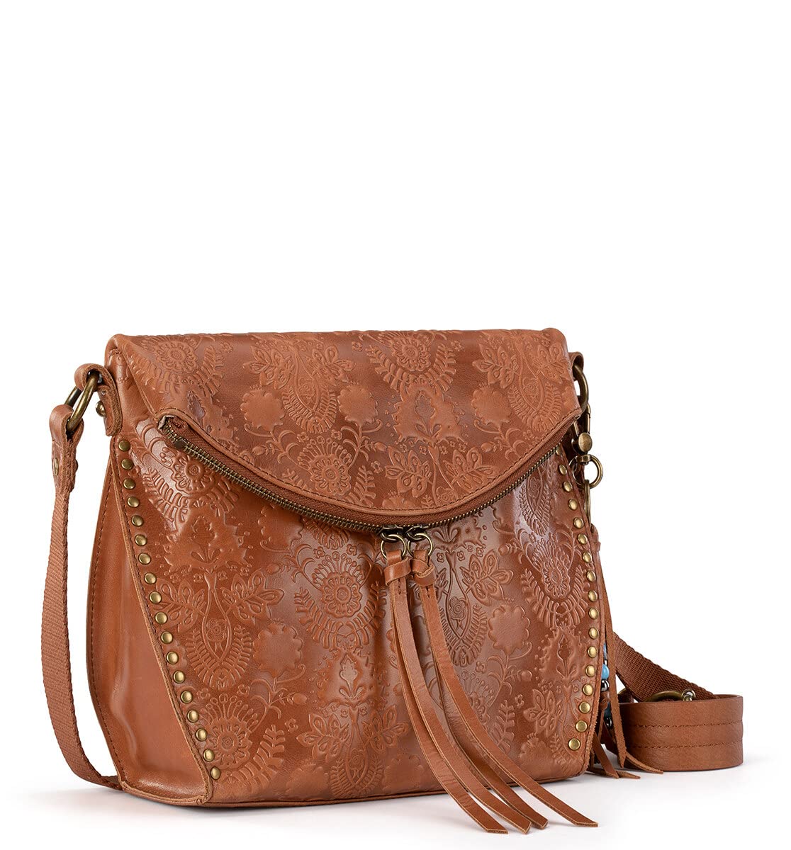 The Sak Women's Silverlake Leather Crossbody Bag - Adjustable Strap, Zipper Pockets, Tobacco Floral Embossed - Perfect for Casual Outings, Travel & Everyday Use