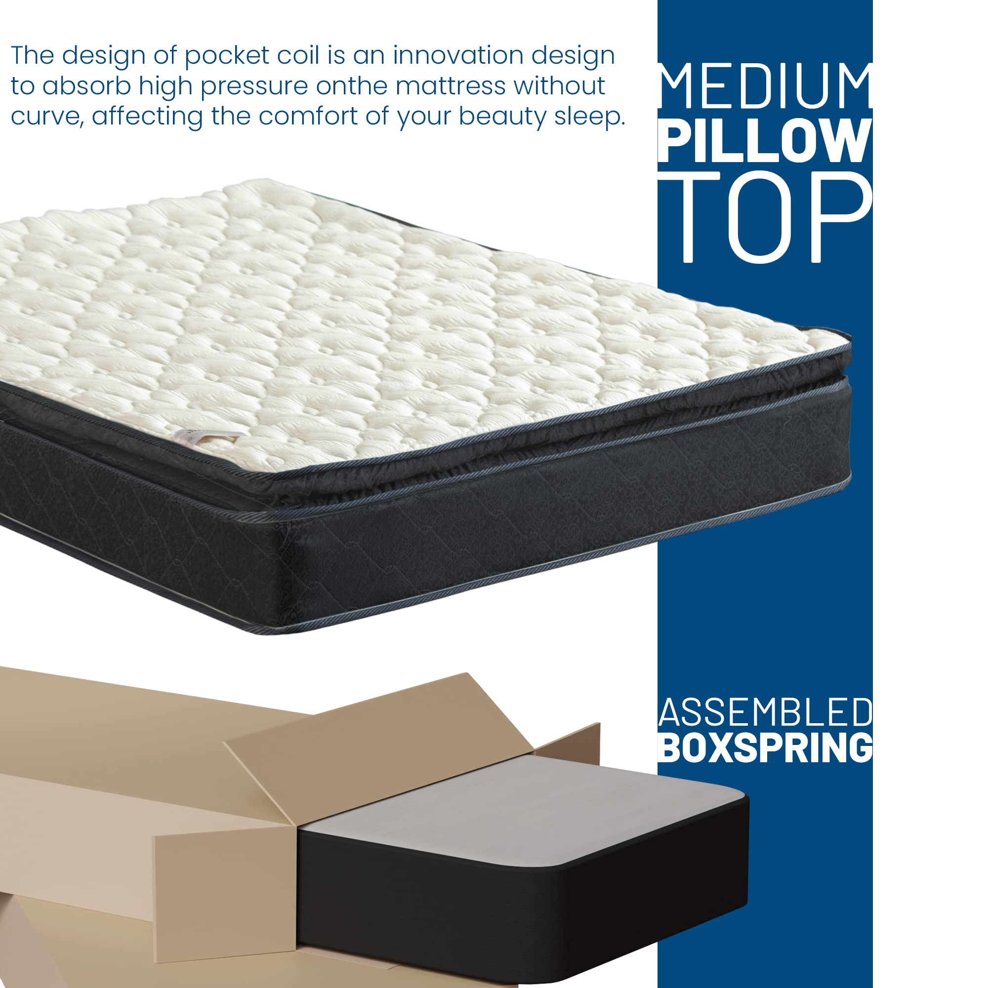 Treaton 9 Inch Full Hybrid Mattress - Medium Firm with Pocket Springs for Pressure Relief, Pillow Top, Includes 8” Wood Box Spring (Black) - Perfect for Back Pain Relief & Comfortable Sleep in Bedrooms, Guest Rooms, or Dormitories