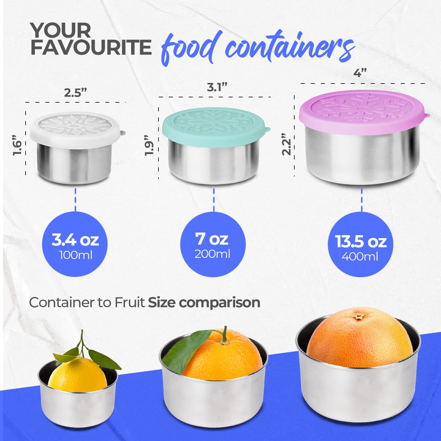 Premium Stainless Steel Snack Containers Set of 3 - BPA-Free Food Storage with Lids for Fruits, Lunch, Condiments | Leakproof & Durable for School, Office, Picnics & Meal Prep