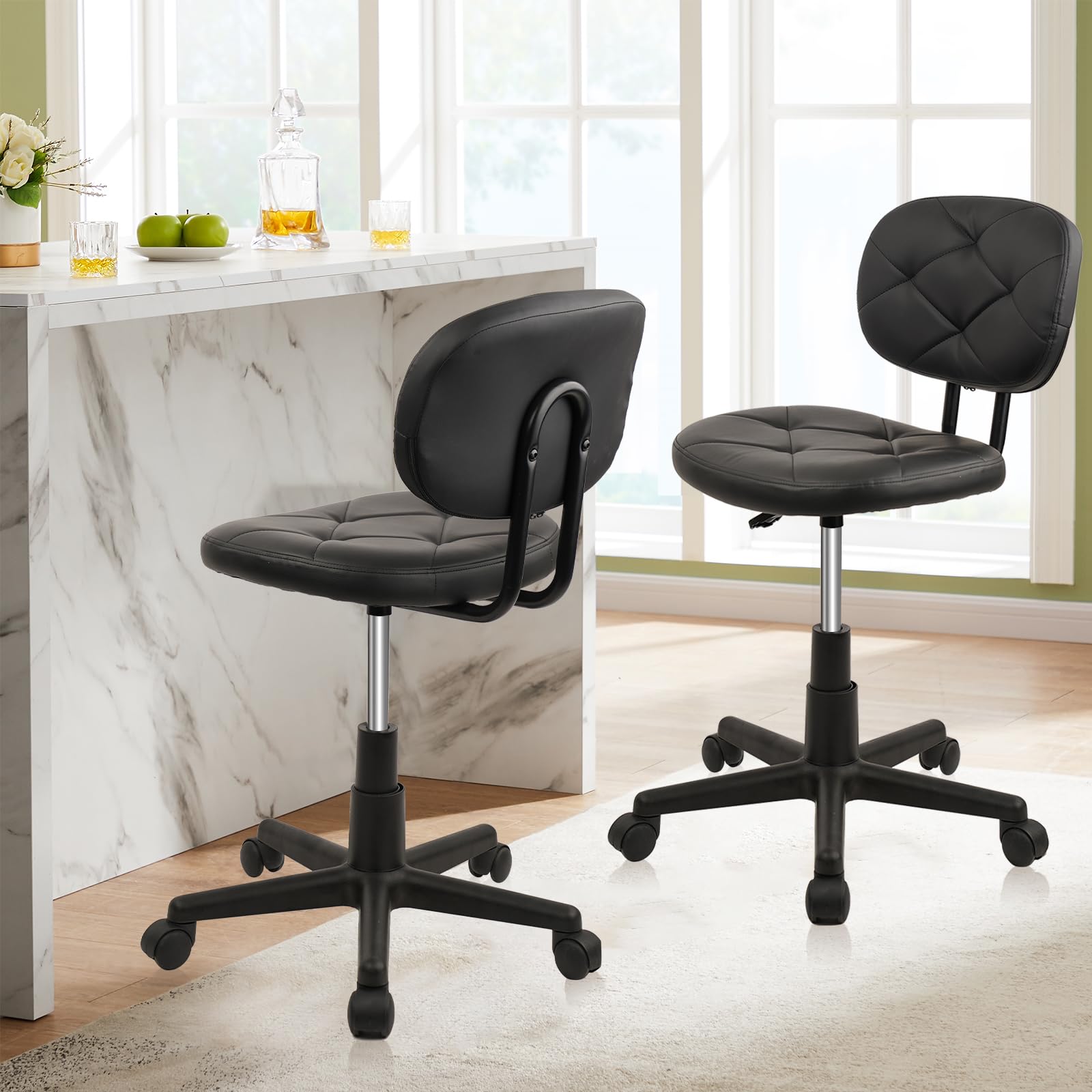 Adjustable Height Rolling Stool Chair with PU Leather Backrest - Ergonomic Office Chair for Standing Desk, Computer Work & Home Use - Set of 2 (Ideal for Small Spaces, Salon, Kitchen & Workspaces)