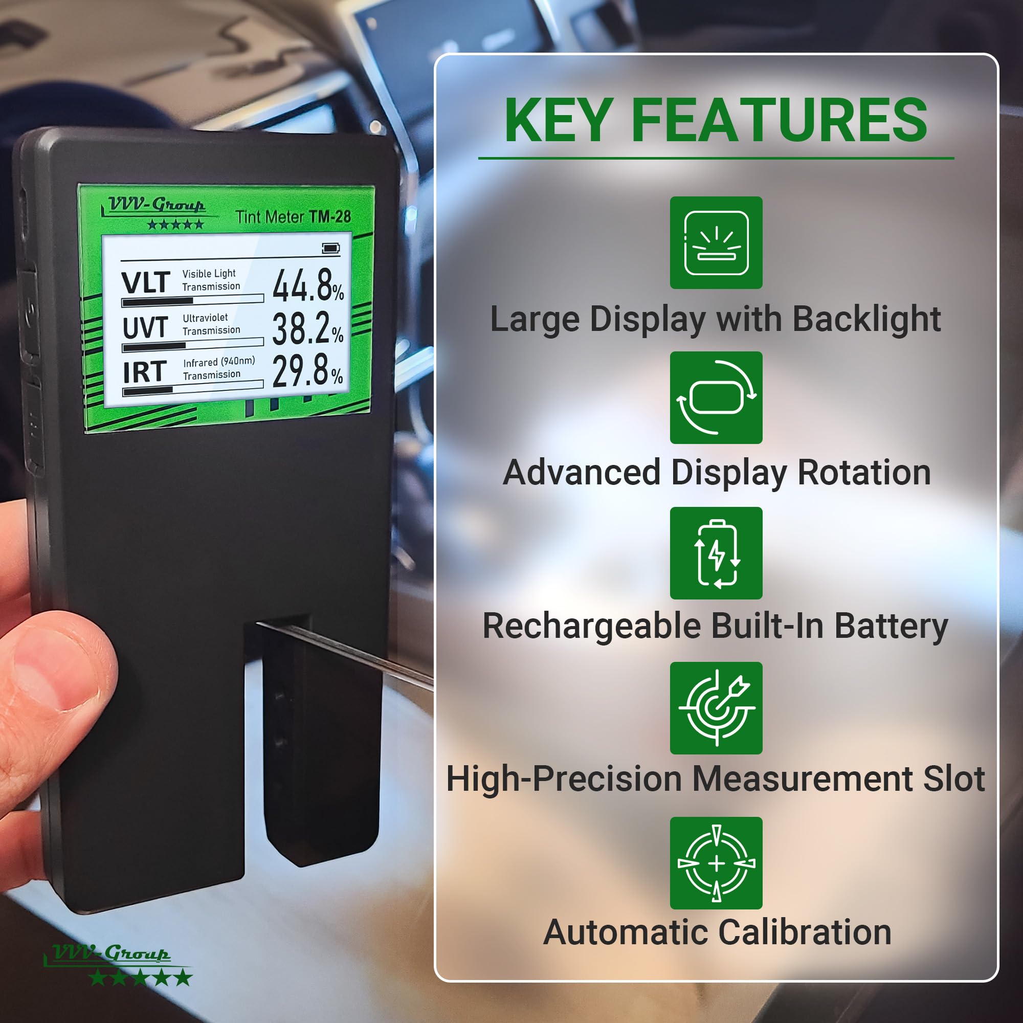 Digital Car Window Tint Meter TM-28 - Professional Auto Tint Tester for Light Transmission, UV/IR Protection Measurement with Auto Calibration & Rotatable Display | Perfect for Vehicle Inspection, Law Enforcement & DIY Car Tinting