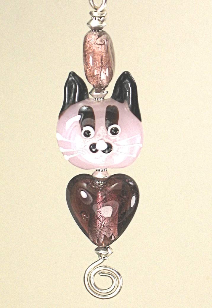 Lavender Purple Cat Face Heart Glass Ceiling Fan Pull Chain - Handmade Lampwork Bead for Home Decor, Bedroom, Living Room, Nursery & Gifts