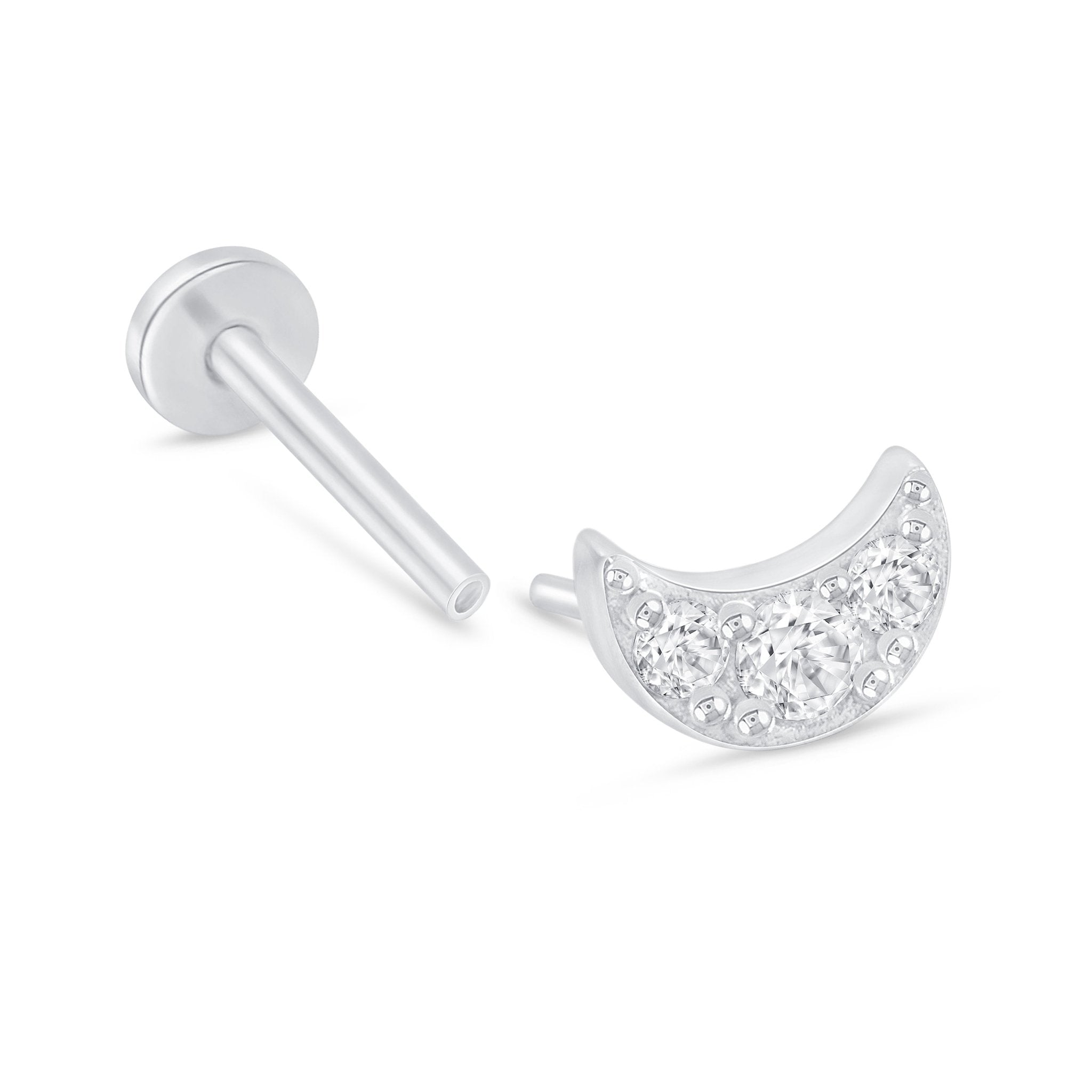 14K White Gold Crescent Moon Stud Earrings with Stone Accents - Perfect for Everyday Wear, Parties, and Gifting
