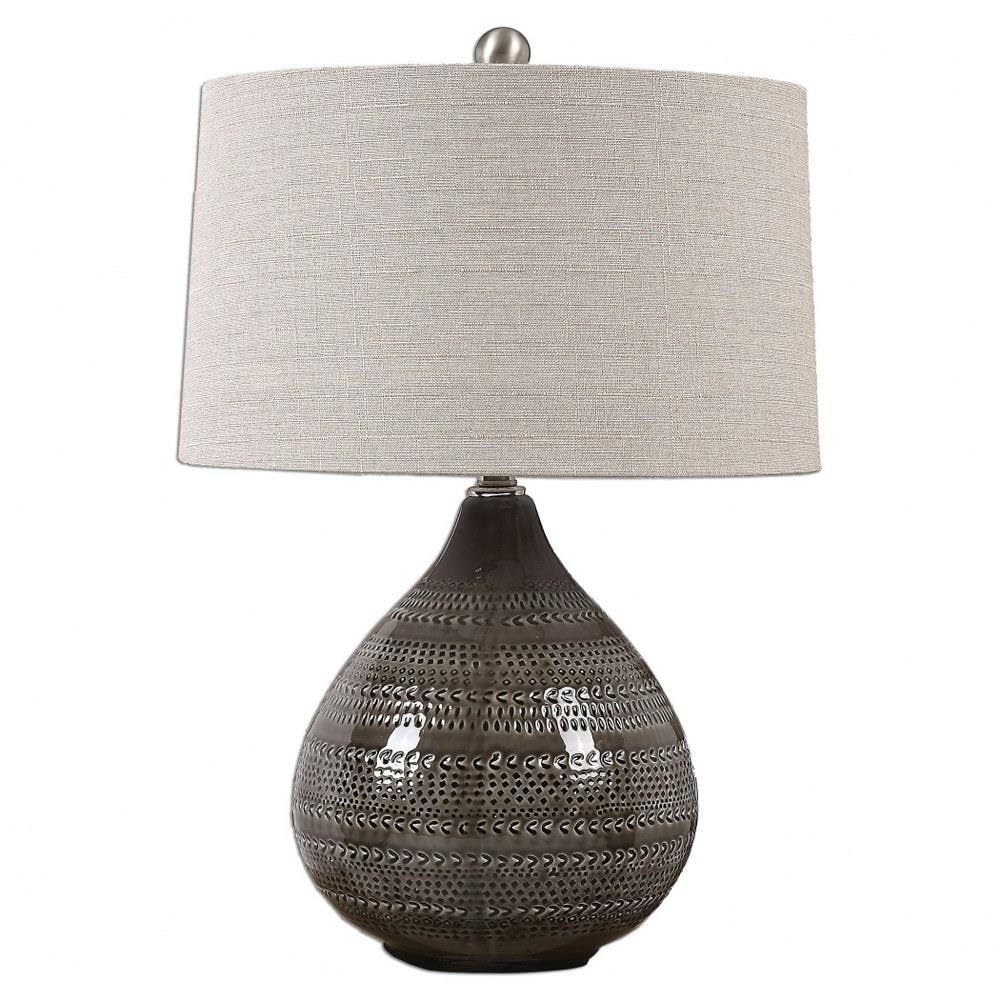 Textured Smoke Gray Table Lamp with Beige Linen Tapered Shade - 3-Way Switch Lighting for Bedroom, Living Room & Office Decor