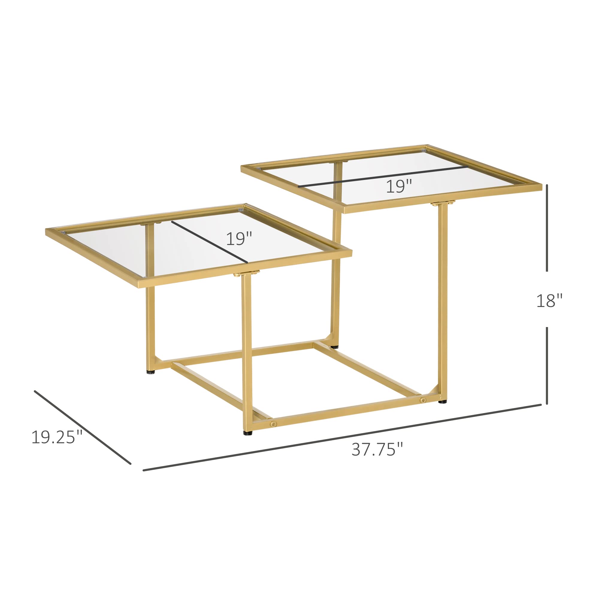 HOMCOM Modern Gold Tempered Glass Coffee Table with 2 Square Tabletops - Stylish Living Room & Bedroom Furniture for Home Decor | Perfect for Small Spaces & Entertaining Guests