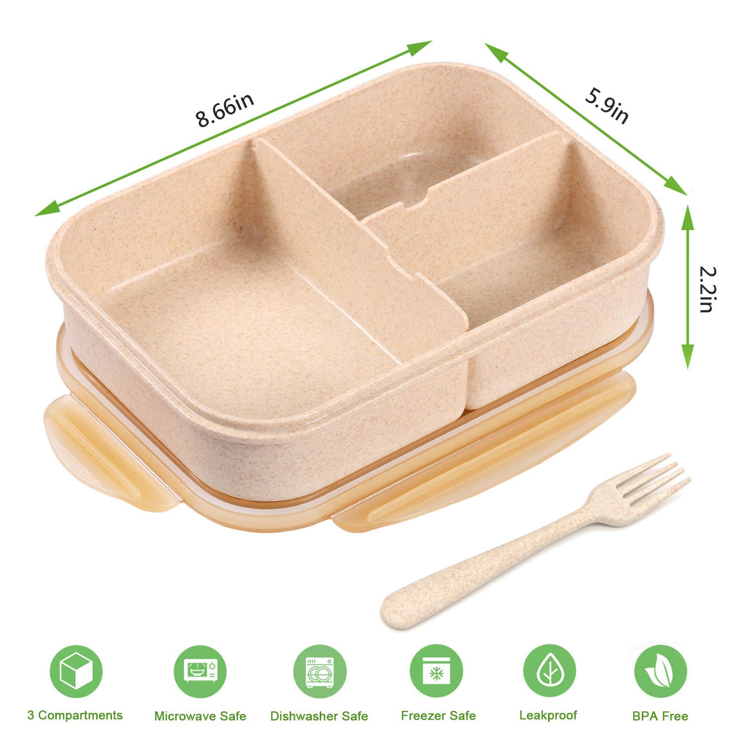 Leak Proof 3 Compartment Bento Box for Adults & Kids - Includes Flatware (Gold) | Perfect for School Lunches, Office Meals & Picnics
