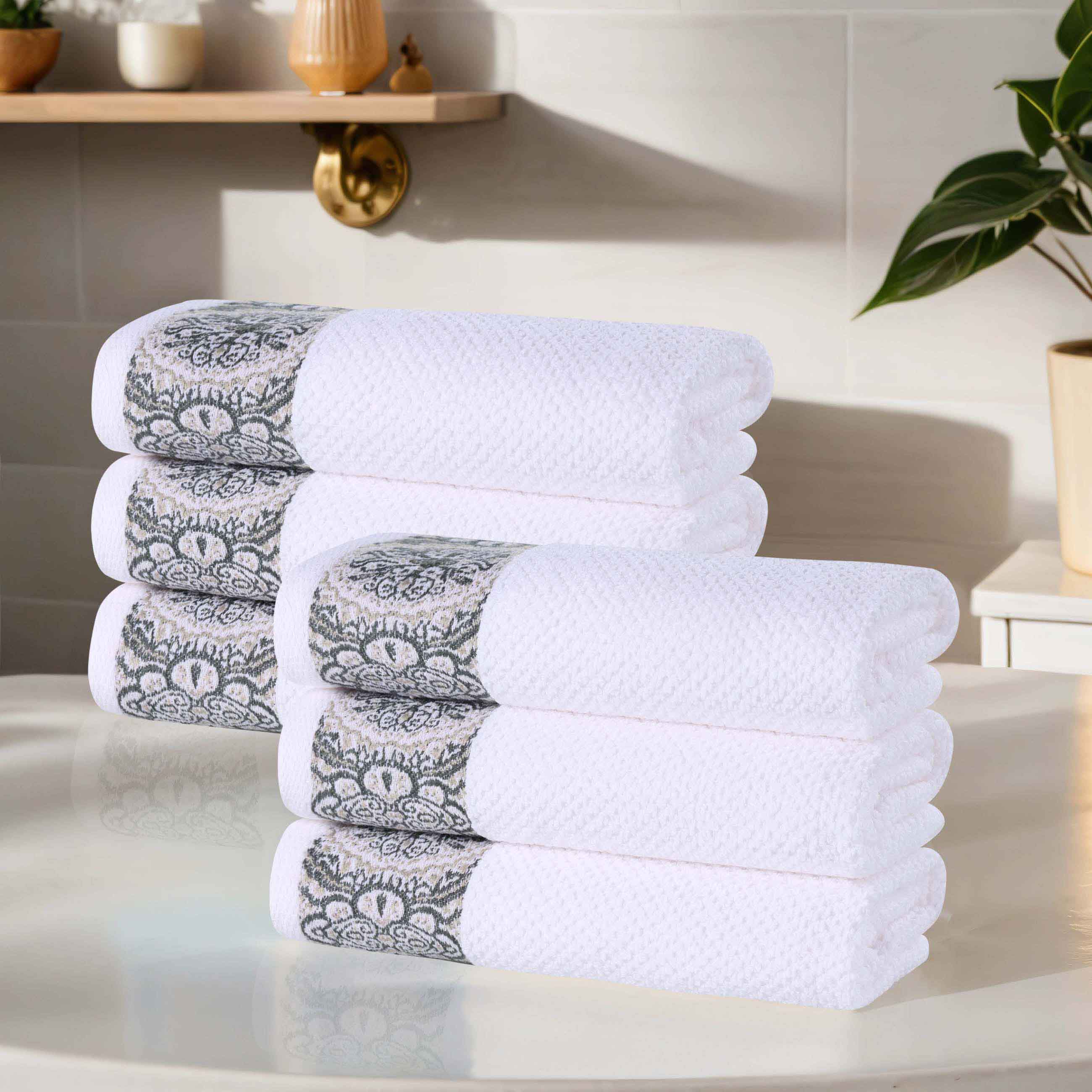 Premium Medallion Cotton Jacquard Textured Hand Towels - 6-Piece Set for Bathroom, Kitchen & Guest Use | Soft & Absorbent Luxury Towels for Home Decor