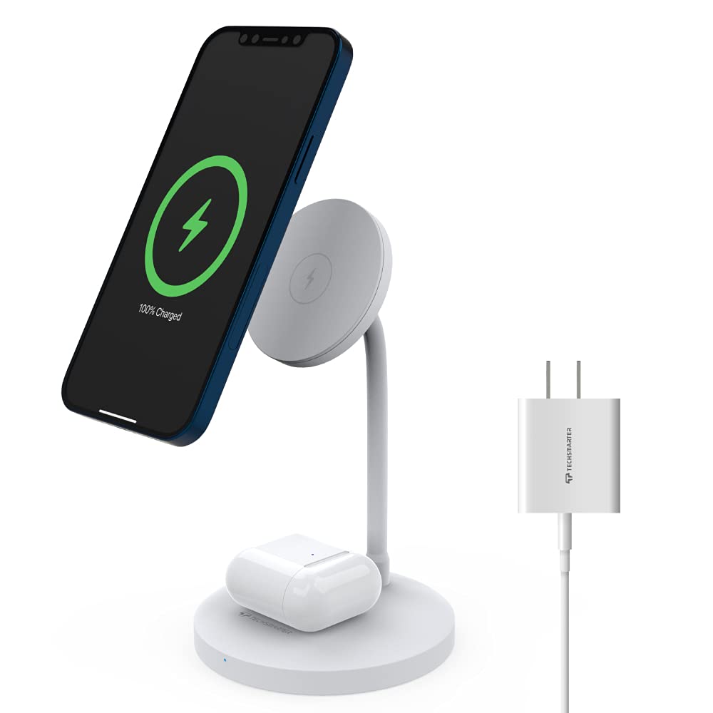 Techsmarter 2-in-1 Magnetic Wireless Charging Stand with 20W Fast Charger & 5ft USB-C Cable - Compatible with iPhone 12/13/14/15, AirPods Pro & Wireless Charging Cases | Perfect for Bedside, Office Desk & Travel Charging Station