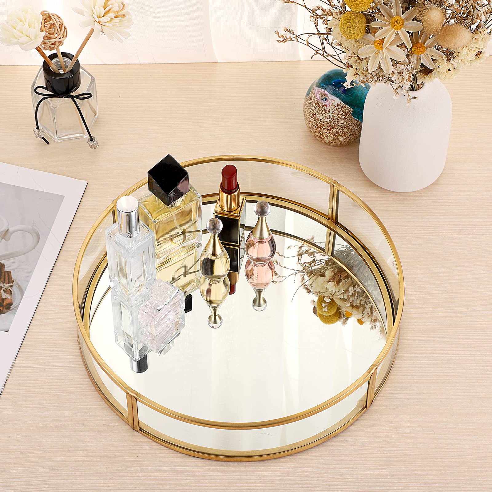 ELLDOO Gold Round Glass Vanity Tray - Decorative Mirror Jewelry & Perfume Organizer for Dresser, Makeup Display, and Home Decor | Perfect for Bedroom, Bathroom & Gift Giving