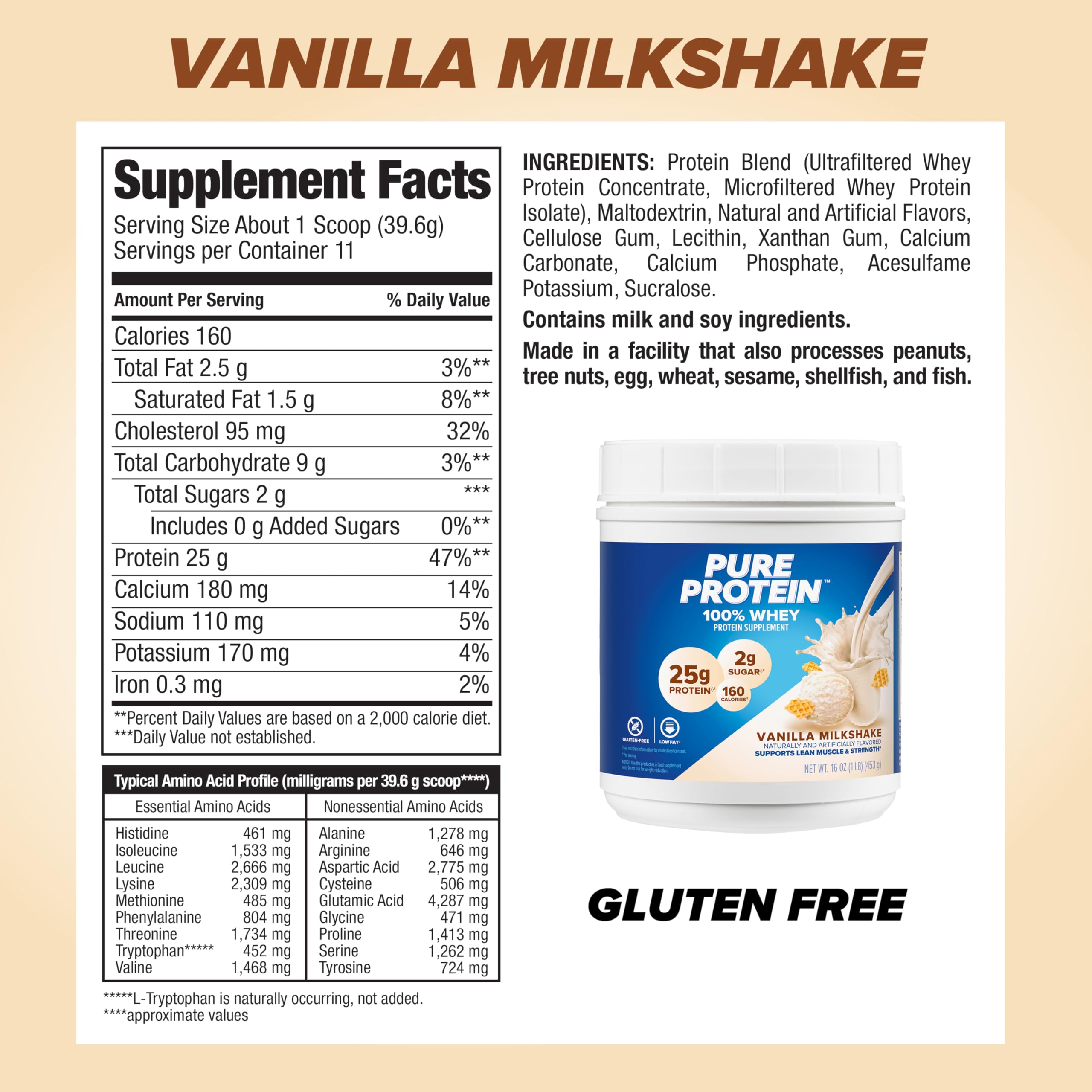 Pure Whey Protein Powder - Vanilla Cream Flavor, High Protein & Low Sugar, Gluten Free, 1 lb - Perfect for Post-Workout Recovery & Muscle Building