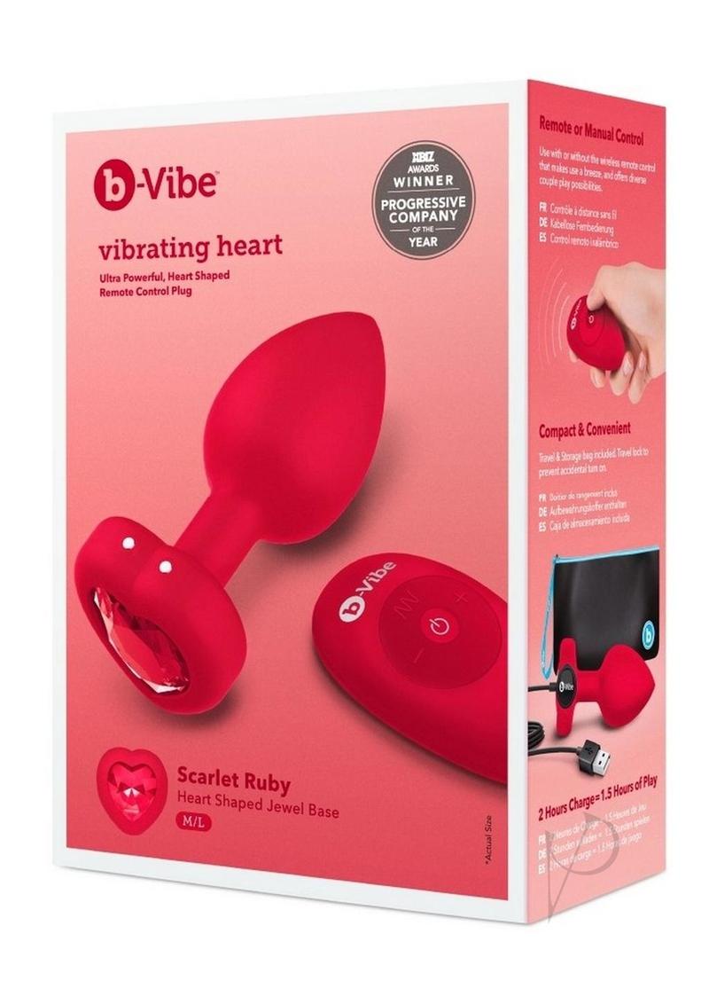 B Vibe Rechargeable Silicone Heart-Shaped Anal Plug with Remote Control - Medium/Large Size, Red - Perfect for Couples Play & Solo Pleasure