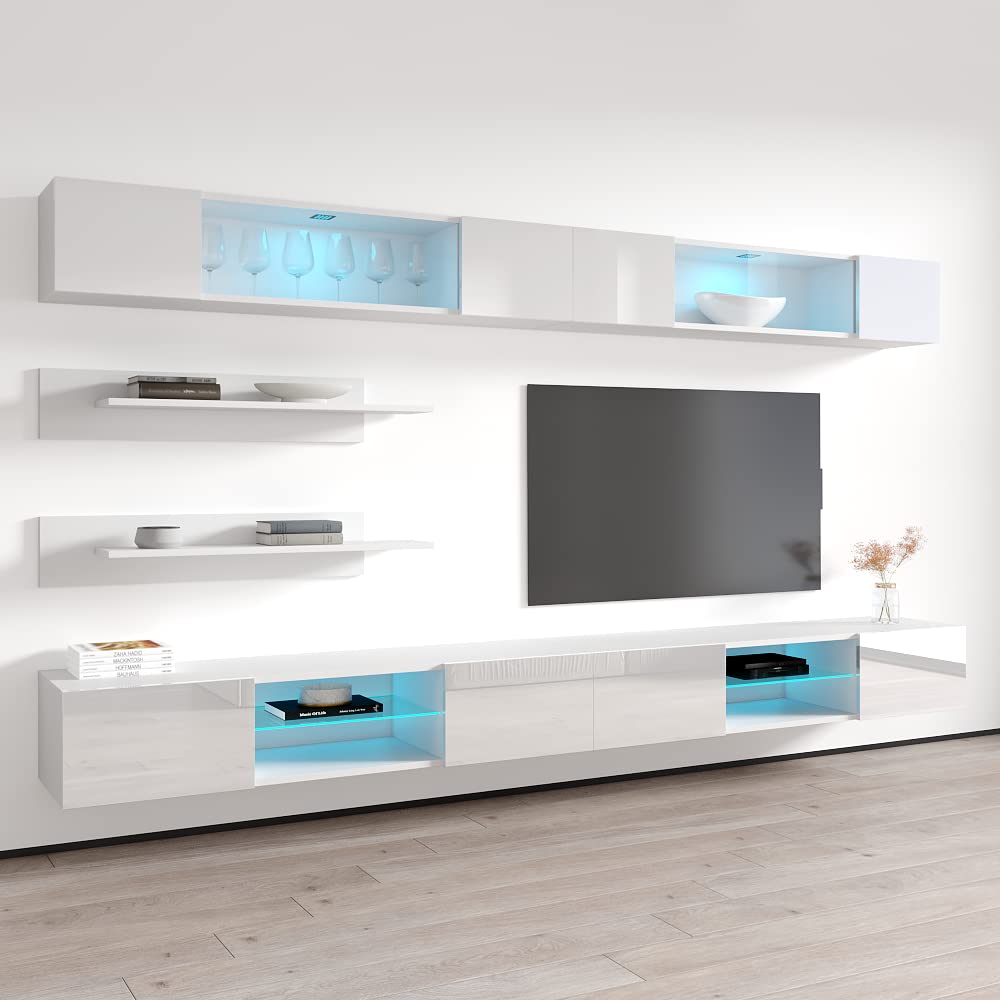 Modern White Wall-Mounted TV Stand with Storage Shelves & LED Lights - Floating Entertainment Center Console for Living Room & Bedroom - Space-Saving I3 33TV Media Unit - Perfect for Small Apartments, Home Theaters, and Stylish Decor