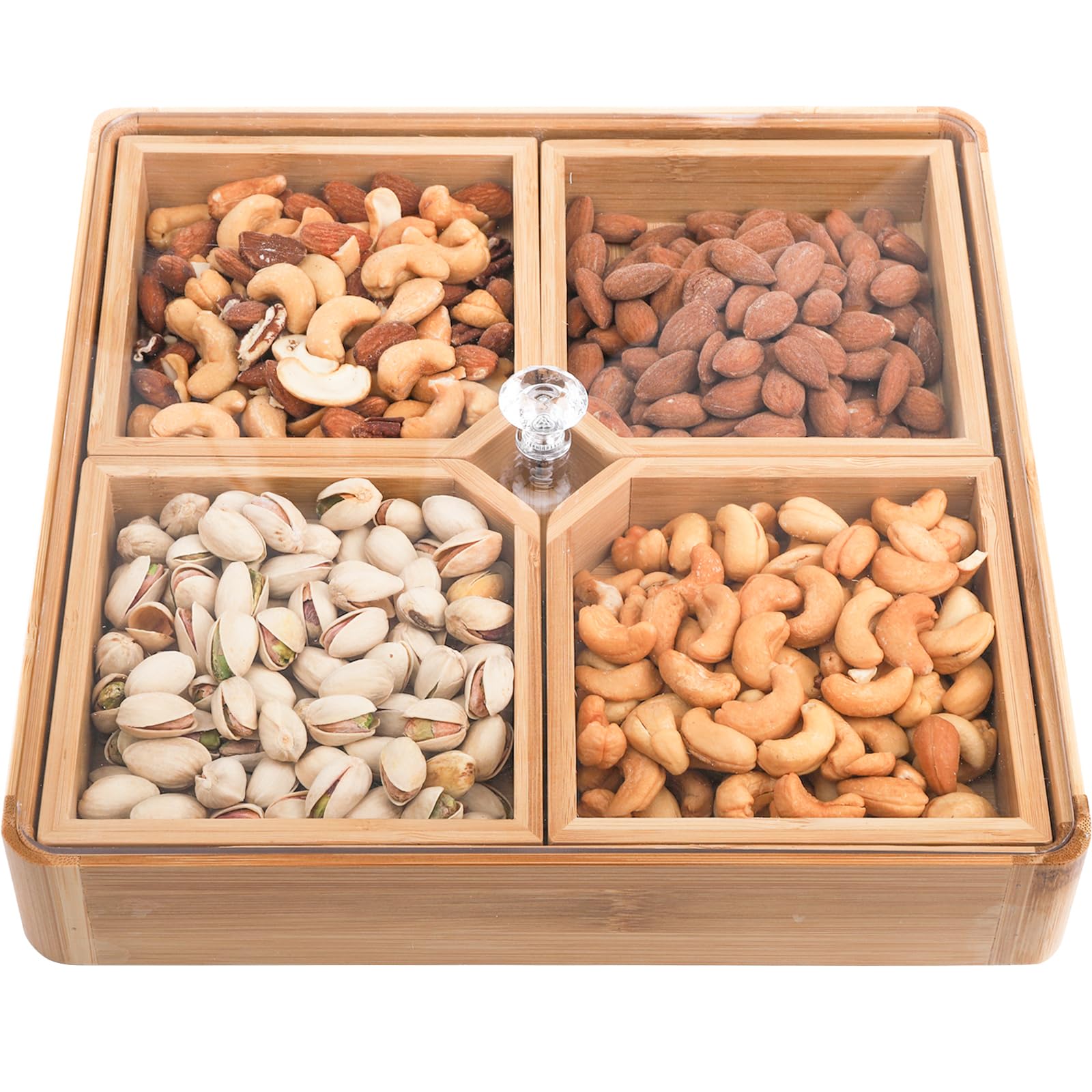 WUWEOT Bamboo Serving Tray with Acrylic Lid & Removable Dividers - Perfect for Nuts, Candy, Veggies, Appetizers, Taco Dips & Chips - Ideal for Parties, Entertaining & Home Use