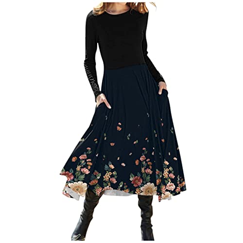 Floral Print Women's Casual Long Sleeve Loose T-Shirt Dress with Pockets - O-Neck Mid-Length Party Dress (Black, XL) | Perfect for Office, Date Night & Summer Outings
