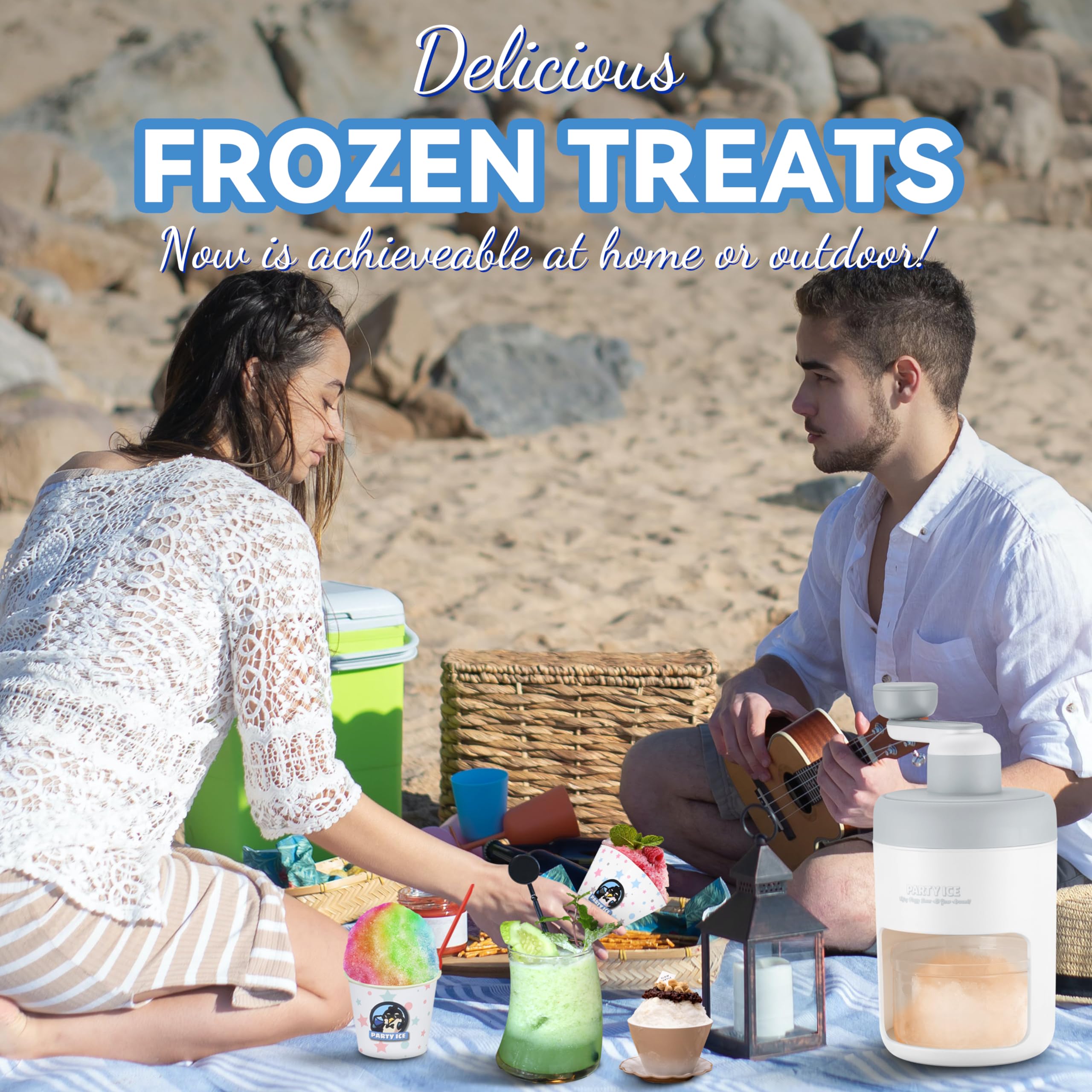 **Manual Ice Shaver Machine - Portable Snow Cone Maker with 10 Cups, 10 Spoons, Straws & Recipes - Perfect for Home, Parties, and Outdoor Events (Gray)**