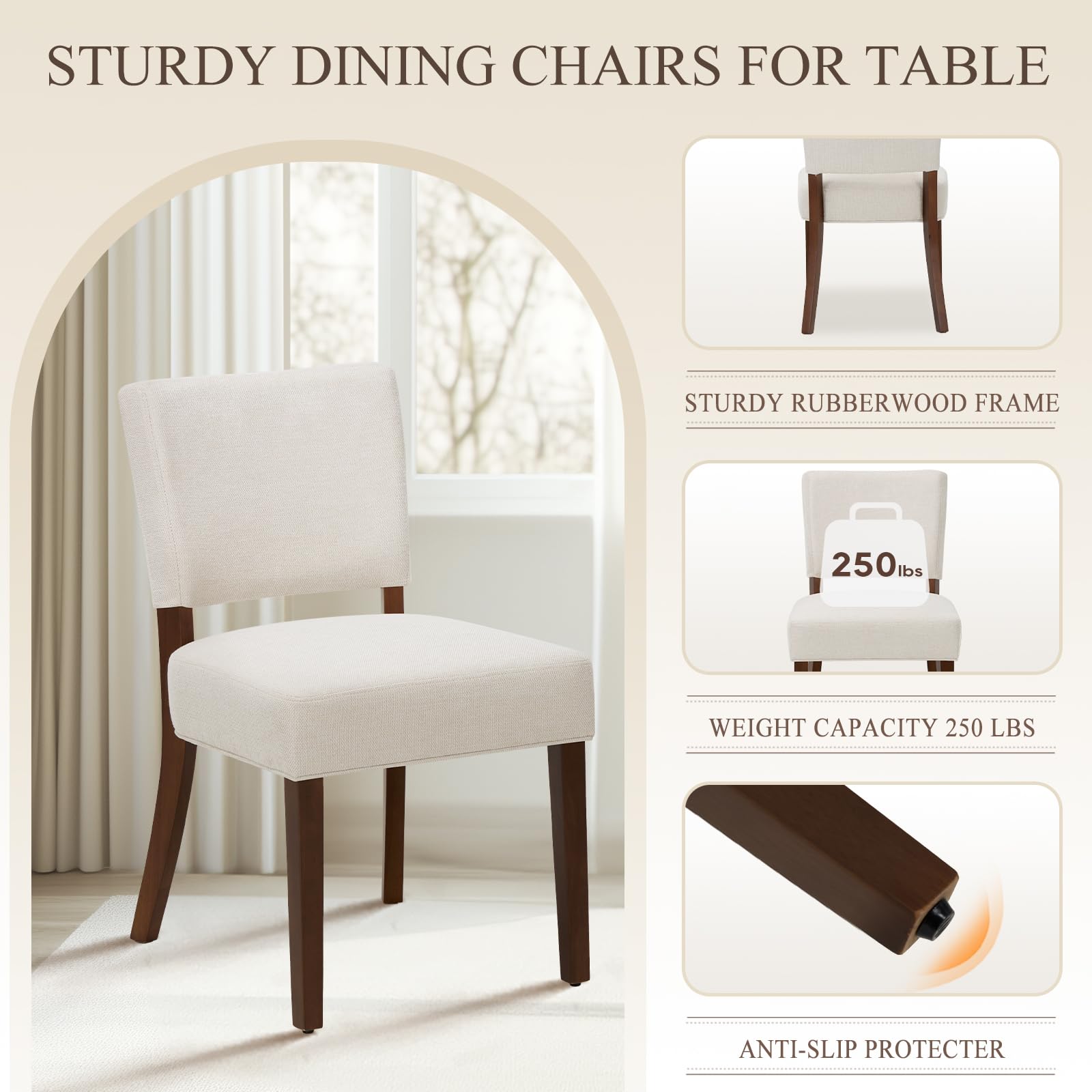 COLAMY Mid Century Modern Dining Chairs Set of 2 - Upholstered Kitchen Chairs with Open Back & Wood Legs, Farmhouse Style Beige Fabric Side Chairs for Dining Room, Kitchen, Restaurant | Perfect for Home Decor, Family Gatherings & Commercial Spaces
