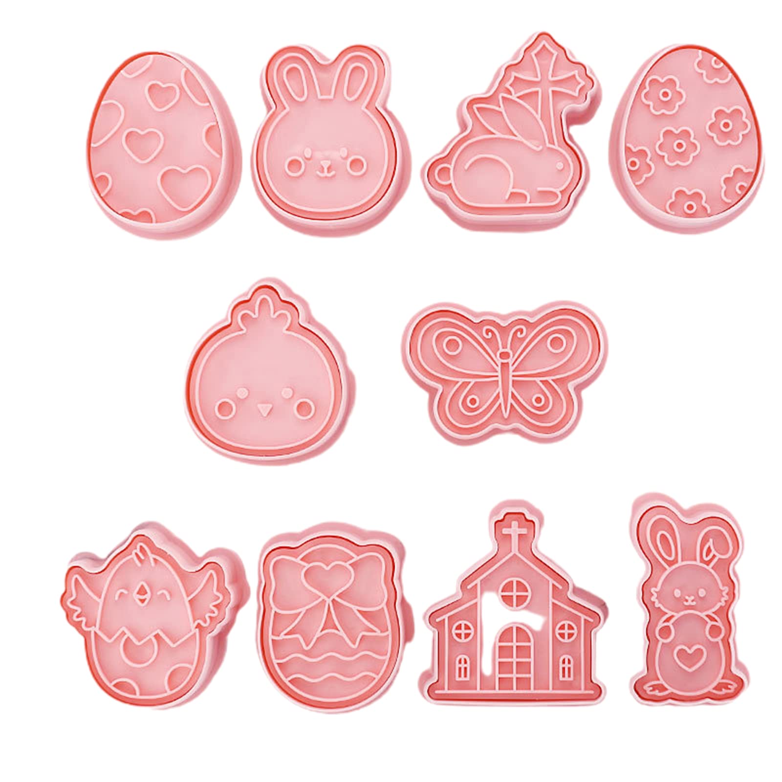 10Pcs Easter 3D Cookie Mold Set - Bunny, Egg, Carrot, Chick & Rabbit Cookie Cutters with Embossing Stamper - Plastic Baking Molds for DIY Cookies, Cupcakes & Desserts - Perfect for Easter Baking, Holiday Parties & Kids Activities (Pink, 10 Pieces)