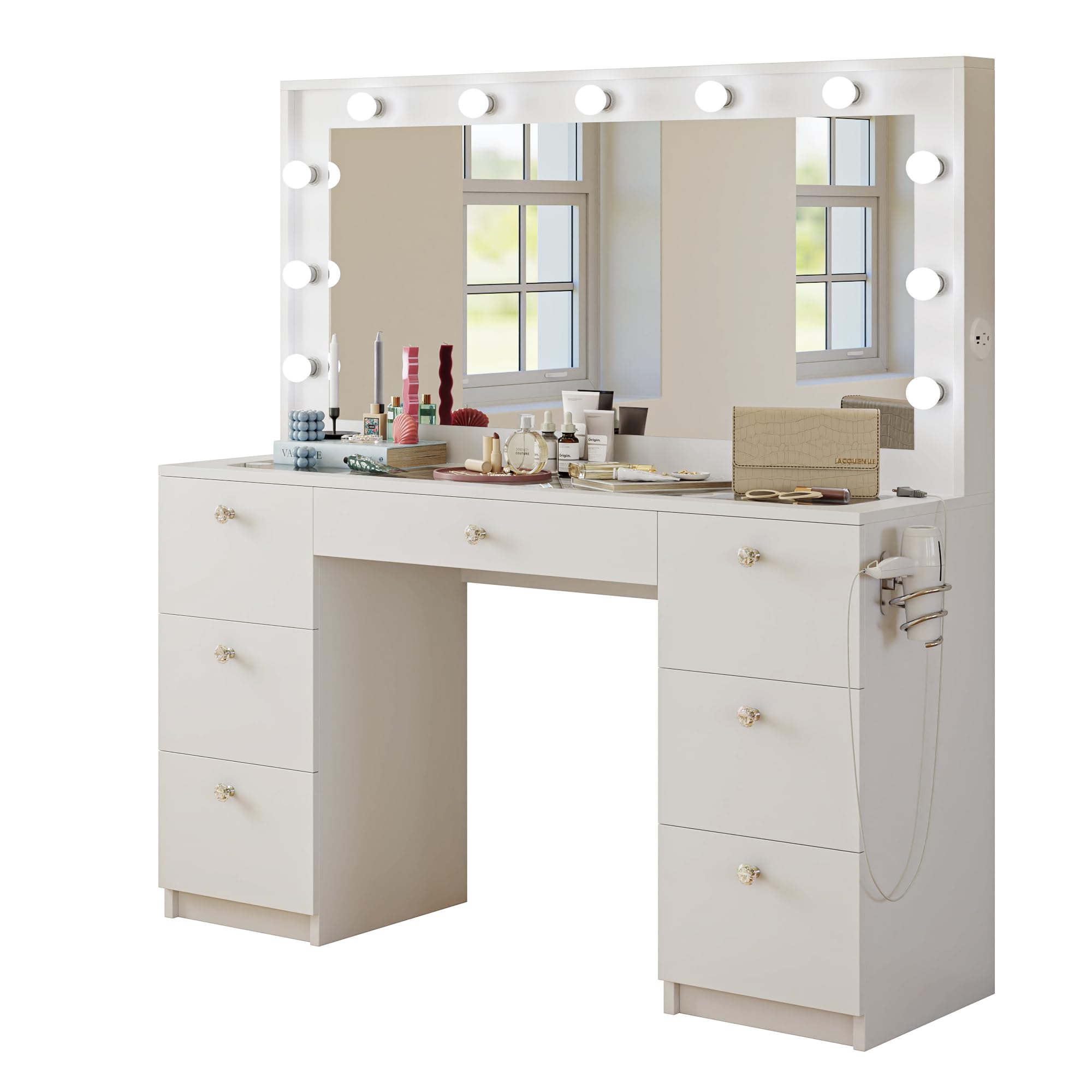Boahaus Yara - Large Glass Top Vanity Desk with Hollywood Mirror Lights, 7 Drawers, Crystal Knobs, USB Type-C & Type-A Ports, Power Outlet - Elegant Makeup Dressing Table for Women & Teens - Perfect for Bedroom, Dorm Room, or Boudoir - White